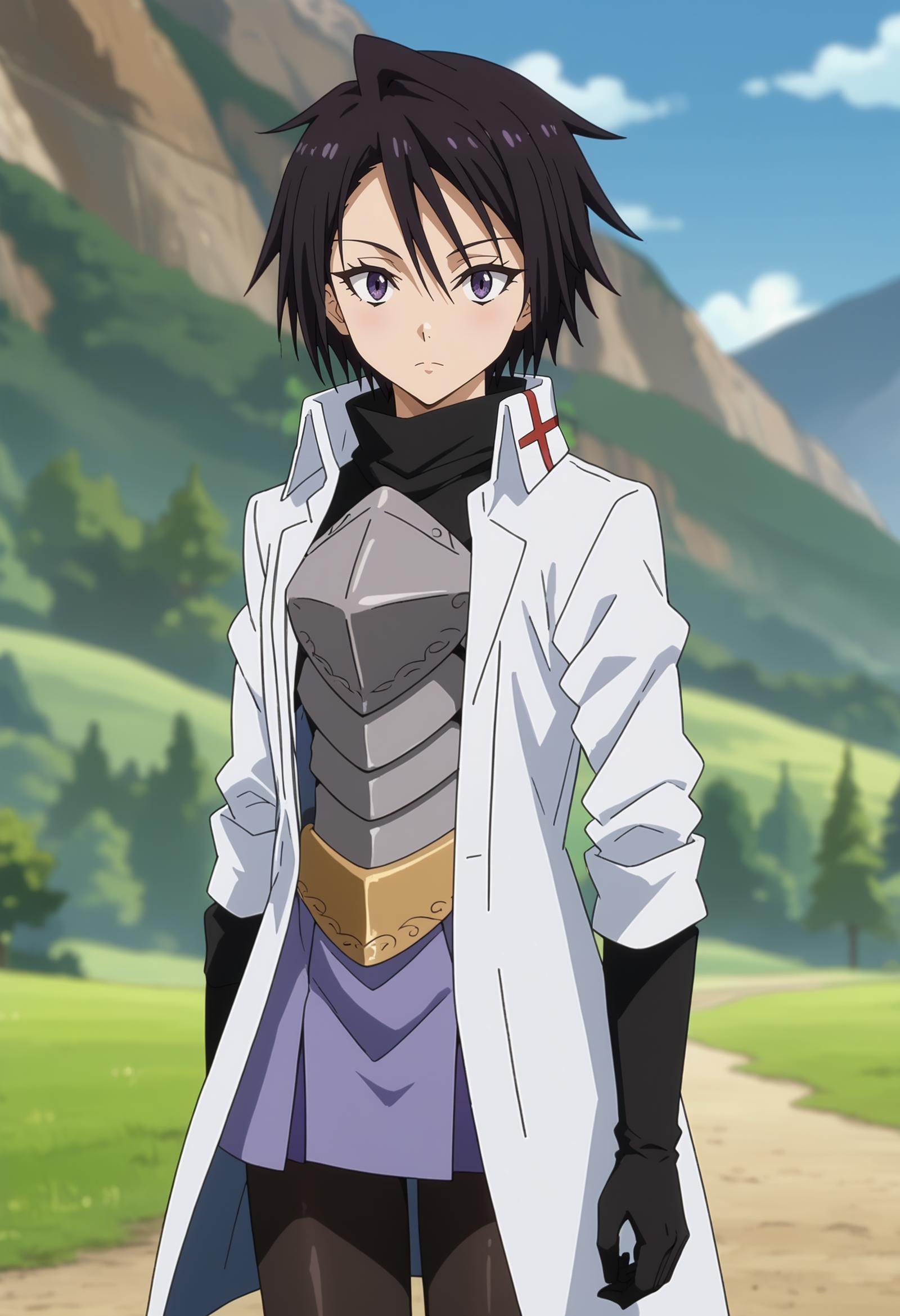 score_7_up, anime screencap,<lora:TenSura_SakaguchiHinataXL:0.9>, SakaguchiHinata,1girl, solo, closed mouth,short hair, black hair, purple eyes,white coat, turtleneck shirt, black shirt, breastplate, black gloves, belt, purple skirt, black pantyhose,looking at viewer, cowboy shot, thigh gap,blurry background, outdoors, mountains, scenery, forest, blue sky