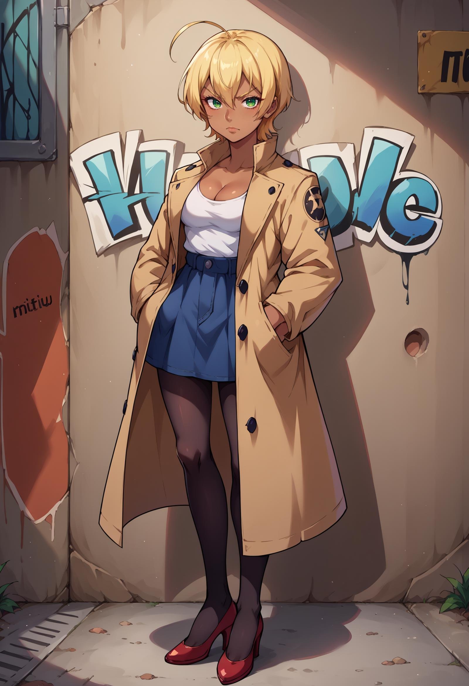 score_9, score_8_up,score_7_up, source_anime,1girl, solo,  <lora:EPsnsIkumiMito:1>, snsMitoIkumi, blonde hair, short hair, ahoge, hair between eyes, dark skin, dark-skinned female, green eyes,  PONYXL_GraffitiWall_ownwaifu, looking at viewer, standing, graffiti, against wall, hands in pockets, serious, drop shadow, <lora:PONYXL_GraffitiWall_ownwaifu:0.75> , depth of field , coat, trenchcoat, black pantyhose, high heels, red footwear, cleavage