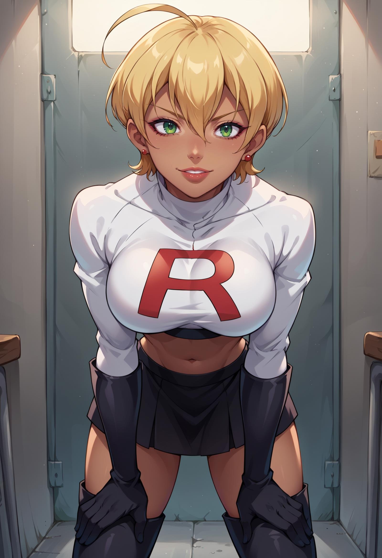 score_9, score_8_up,score_7_up, source_anime,1girl, solo,  <lora:EPsnsIkumiMito:1>, snsMitoIkumi, blonde hair, short hair, ahoge, hair between eyes, dark skin, dark-skinned female, green eyes,  standing, parted lips, smile, white jacket, cropped jacket, earrings, elbow gloves, gloves, black gloves, white jacket, jewelry, lipstick, looking to the side, makeup, navel, shirt, skirt, team rocket, team rocket uniform, thigh boots, black footwear, hands on own knees, leaning forward, bent over,