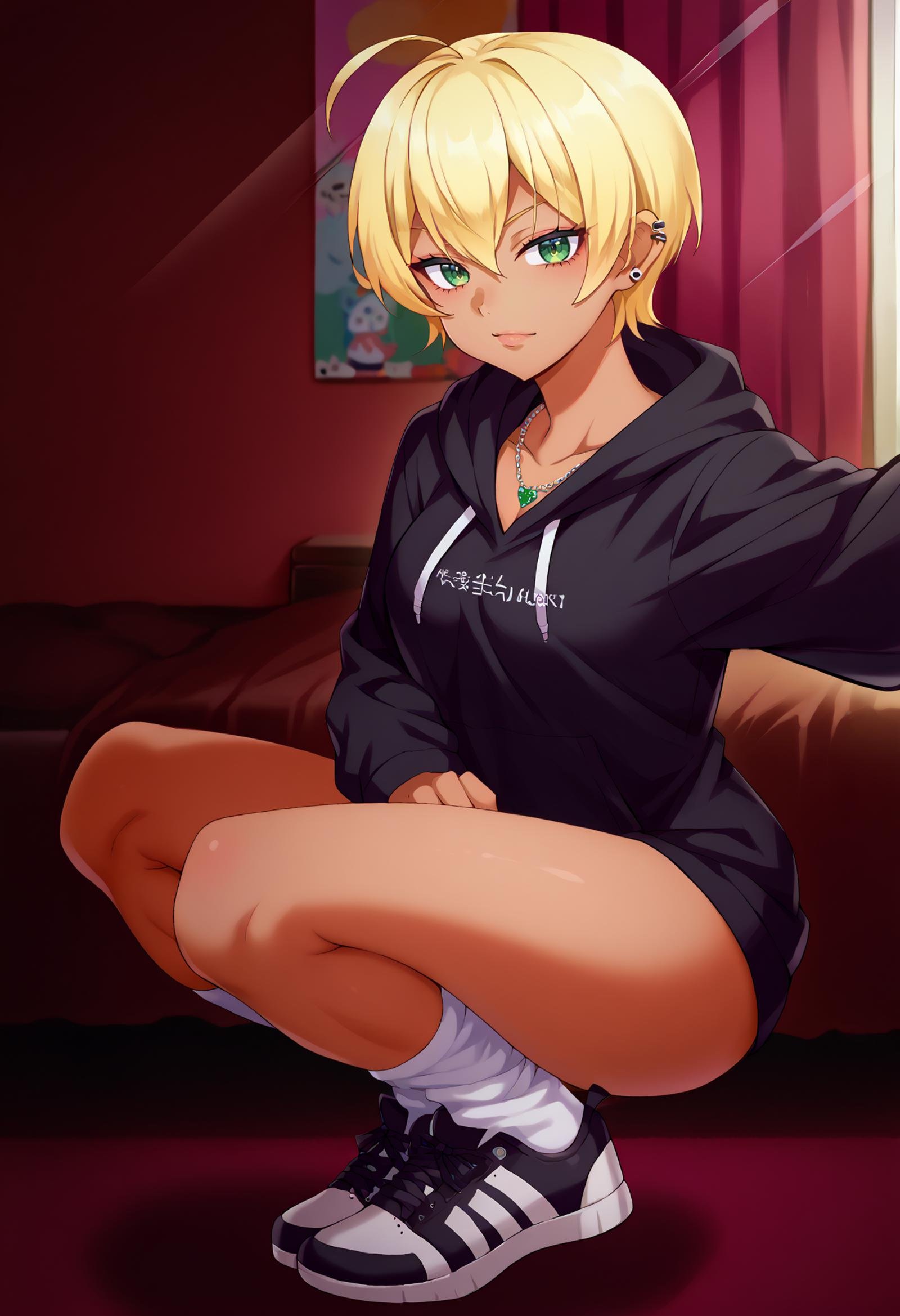 score_9, score_8_up,score_7_up, source_anime,1girl, solo, <lora:EPsnsIkumiMito:1>, EPsnsMitoIkumi, blonde hair, short hair, ahoge, hair between eyes, dark skin, dark-skinned female, green eyes, necklace, ear piercing, black hoodie, white socks, kneehighs, sneakers, black sneakers, squatting, selfie, taking picture, mirror selfie, bedroom, bed, mirror, at a dark room, at night , city view from the window, gyaru,