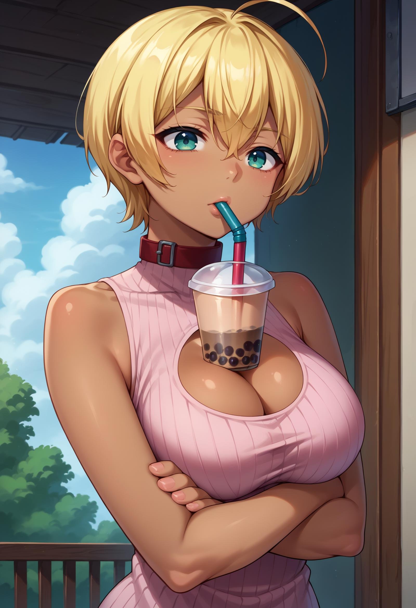 score_9, score_8_up,score_7_up, source_anime,1girl, solo,  <lora:EPsnsIkumiMito-10:1>, snsMitoIkumi, blonde hair, short hair, ahoge, hair between eyes, dark skin, dark-skinned female, aqua eyes, large breasts, collar, pink sweater dress, cable knit, short dress, sleeveless, bare arms, cleavage cutout, fishnet pantyhose,upper body,bubble tea challenge, drinking straw, crossed arms