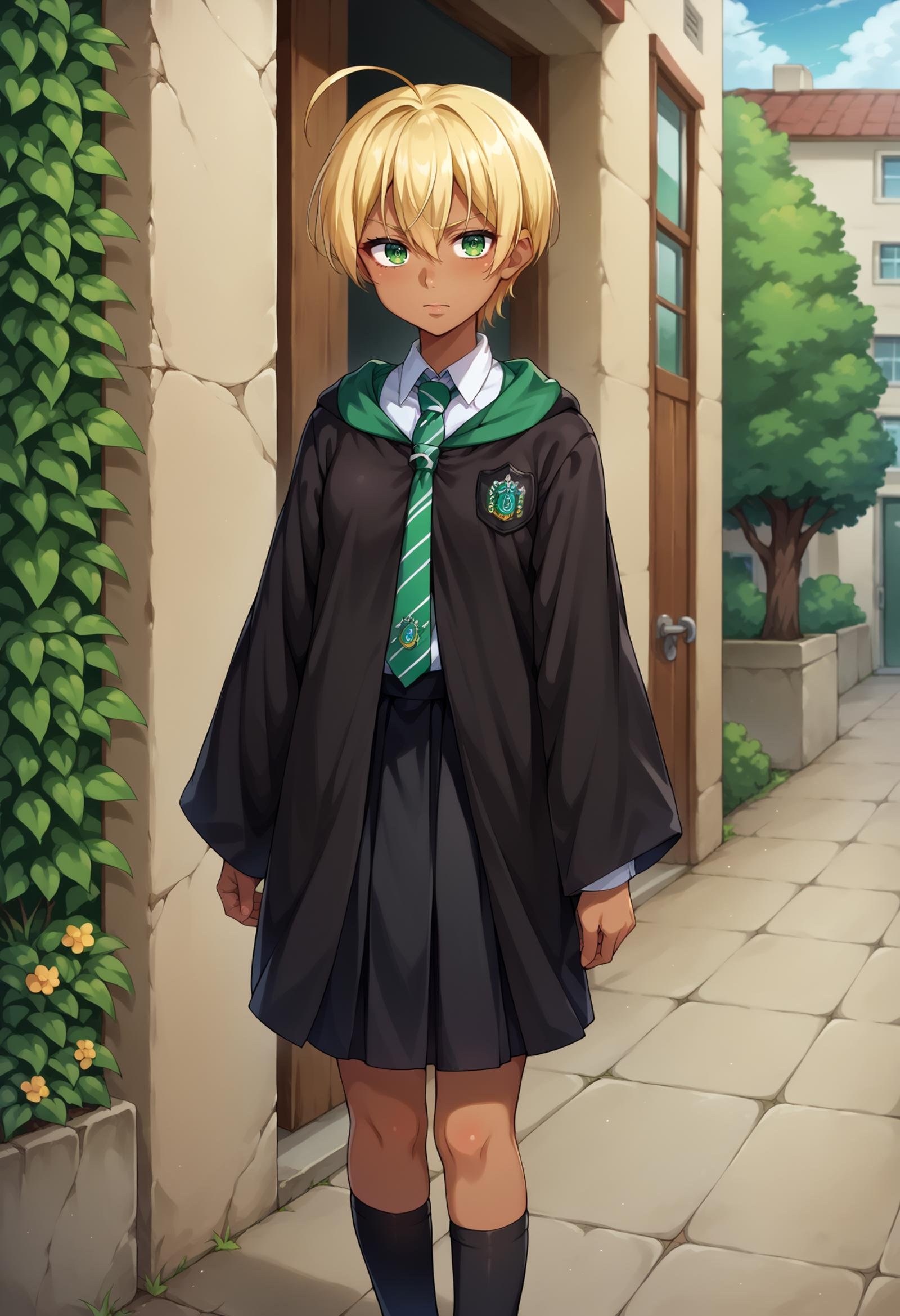 score_9, score_8_up,score_7_up, source_anime,1girl, solo,  <lora:EPsnsIkumiMito:1>, snsMitoIkumi, blonde hair, short hair, ahoge, hair between eyes, dark skin, dark-skinned female, green eyes,  <lora:EPRobeSlytherinPDXL:1>, EPRobeSlytherin, wearing EPRobeSlytherin, black robe, hood down, wide sleeves, green necktie, diagonal-striped necktie, white shirt, collared shirt, badge, black skirt, black legwear, kneehighs, standing, outdoors,