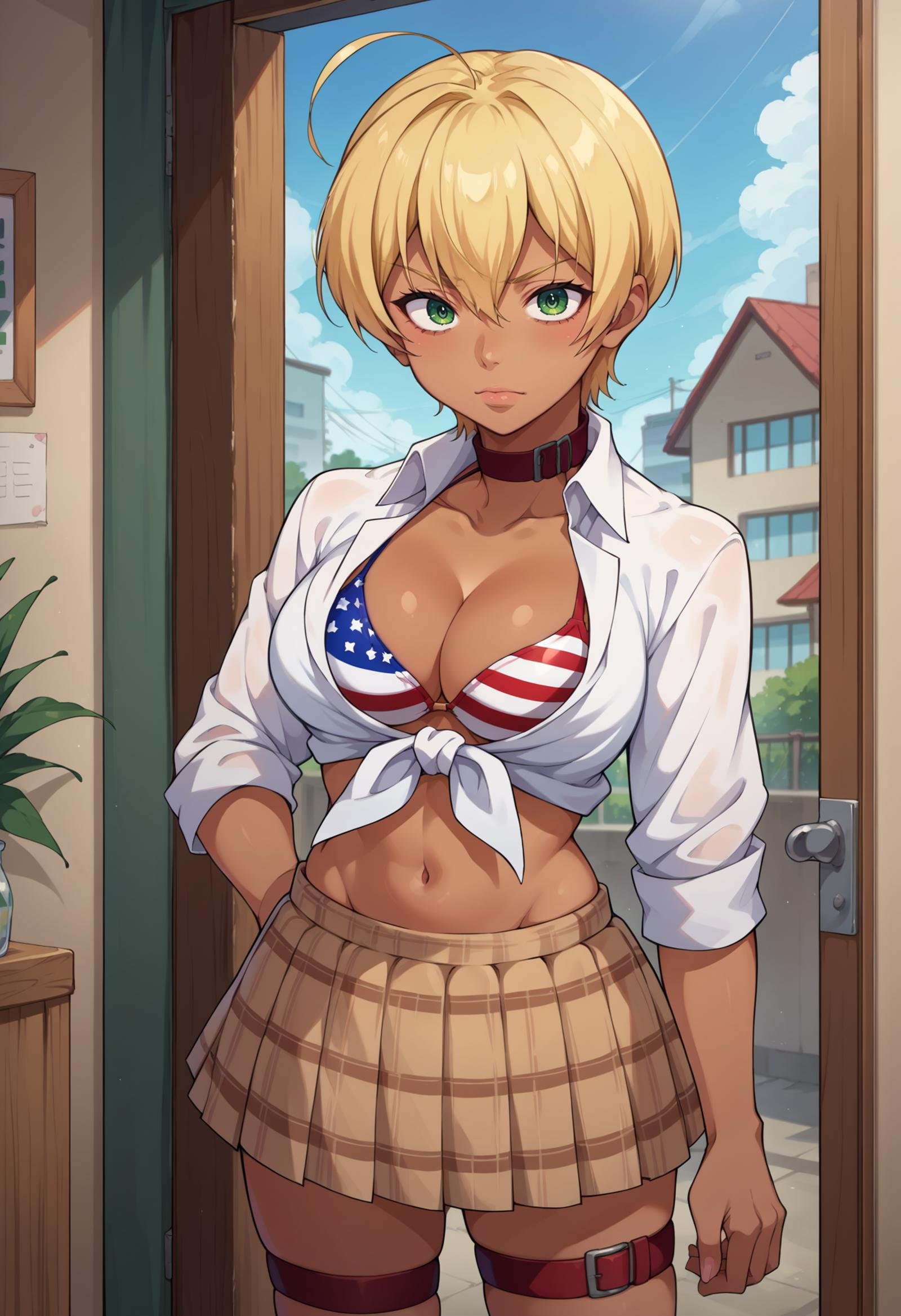 score_9, score_8_up,score_7_up, source_anime,1girl, solo,  rating_safe, <lora:EPsnsIkumiMito:1>, EPsnsMitoIkumi, blonde hair, short hair, ahoge, hair between eyes, dark skin, dark-skinned female, green eyes,large breasts, collar, white shirt, tied shirt, open shirt, front-tie top, cleavage, thigh strap, american flag bikini, american flag print, bikini top only, midriff, navel, brown skirt, plaid skirt, indoors, 