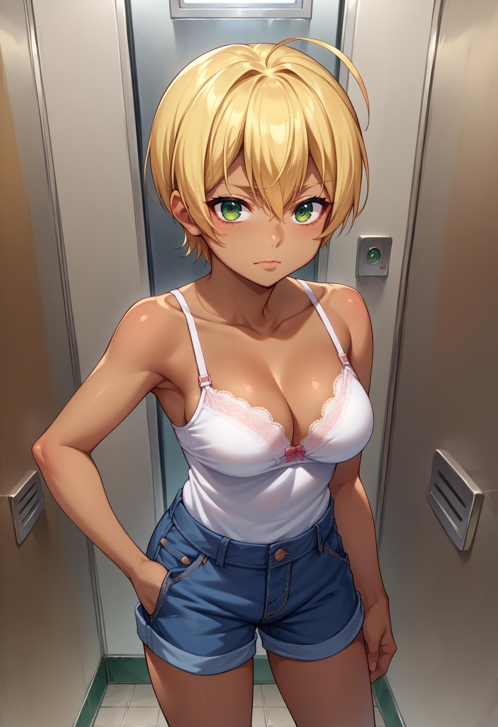 score_9, score_8_up,score_7_up, source_anime,1girl, solo,  <lora:EPsnsIkumiMito:1>, snsMitoIkumi, blonde hair, short hair, ahoge, hair between eyes, dark skin, dark-skinned female, green eyes,  lace bra, cargo shorts, shorts, denim, elevator,