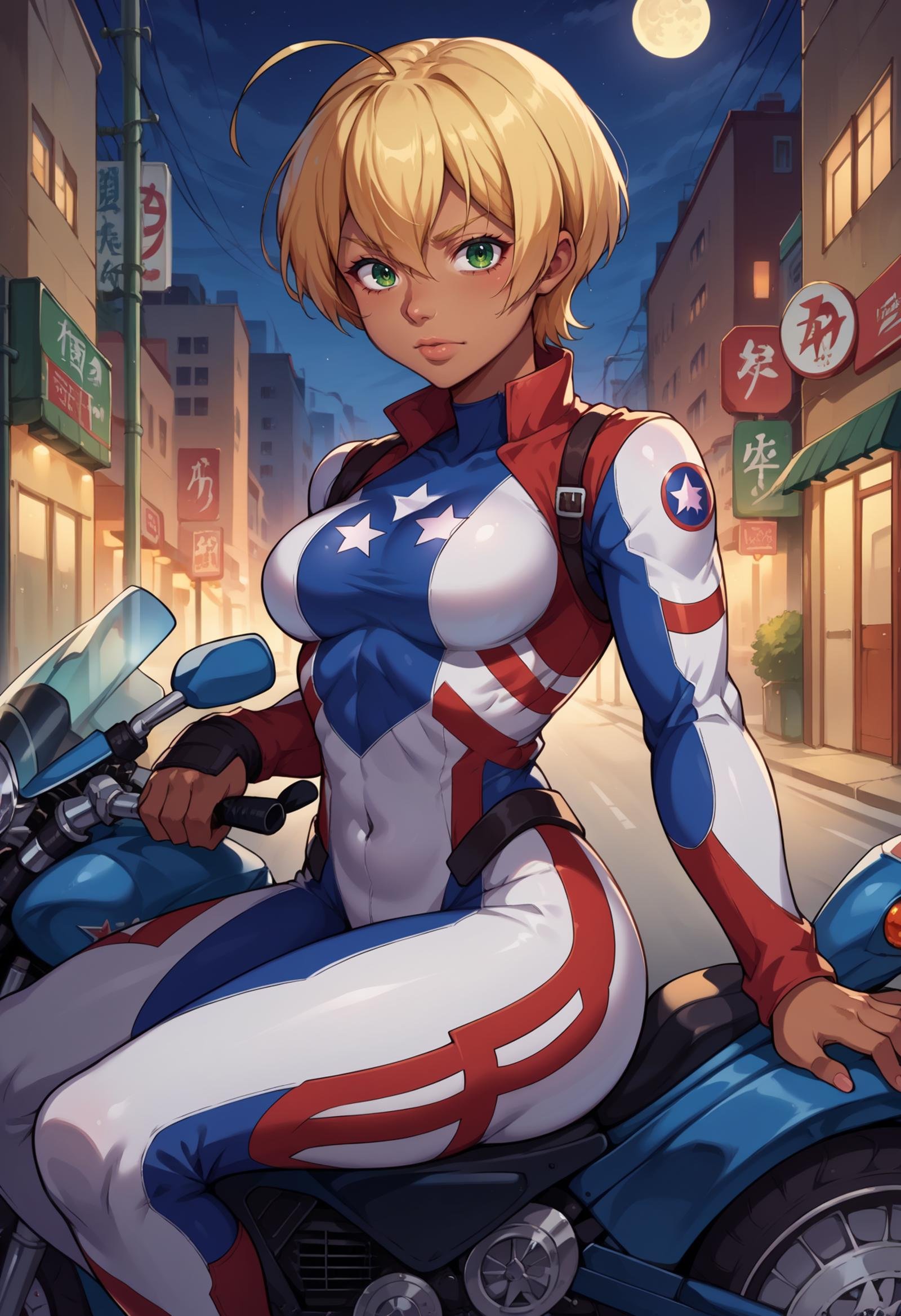 score_9, score_8_up,score_7_up, source_anime,1girl, solo,  <lora:EPsnsIkumiMito:1>, snsMitoIkumi, blonde hair, short hair, ahoge, hair between eyes, dark skin, dark-skinned female, green eyes,  cowboy shot, leaning, motor vehicle, ground vehicle, motorcycle, sitting, on motorcycle,bodysuit, night, street, american flag print