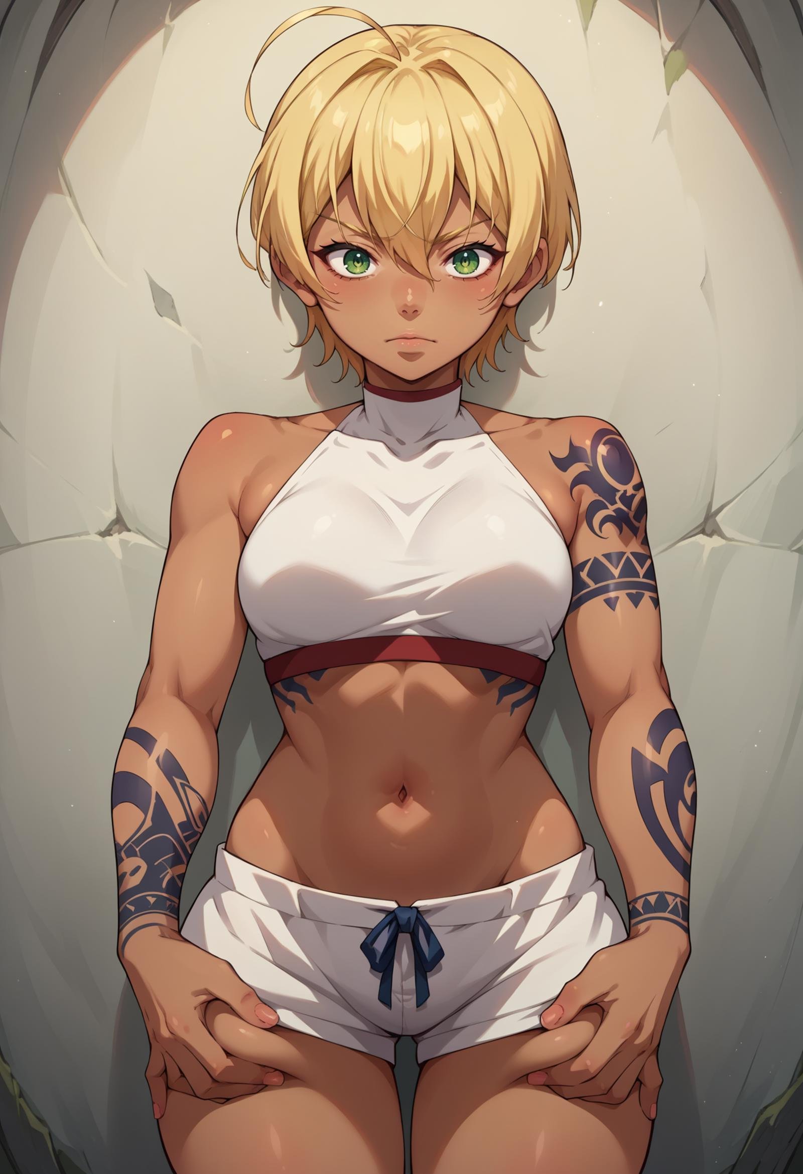 score_9, score_8_up,score_7_up, source_anime,1girl, solo,  <lora:EPsnsIkumiMito:1>, snsMitoIkumi, blonde hair, short hair, ahoge, hair between eyes, dark skin, dark-skinned female, green eyes,  lower body focus, thighs grab pov, tattoos, front view,