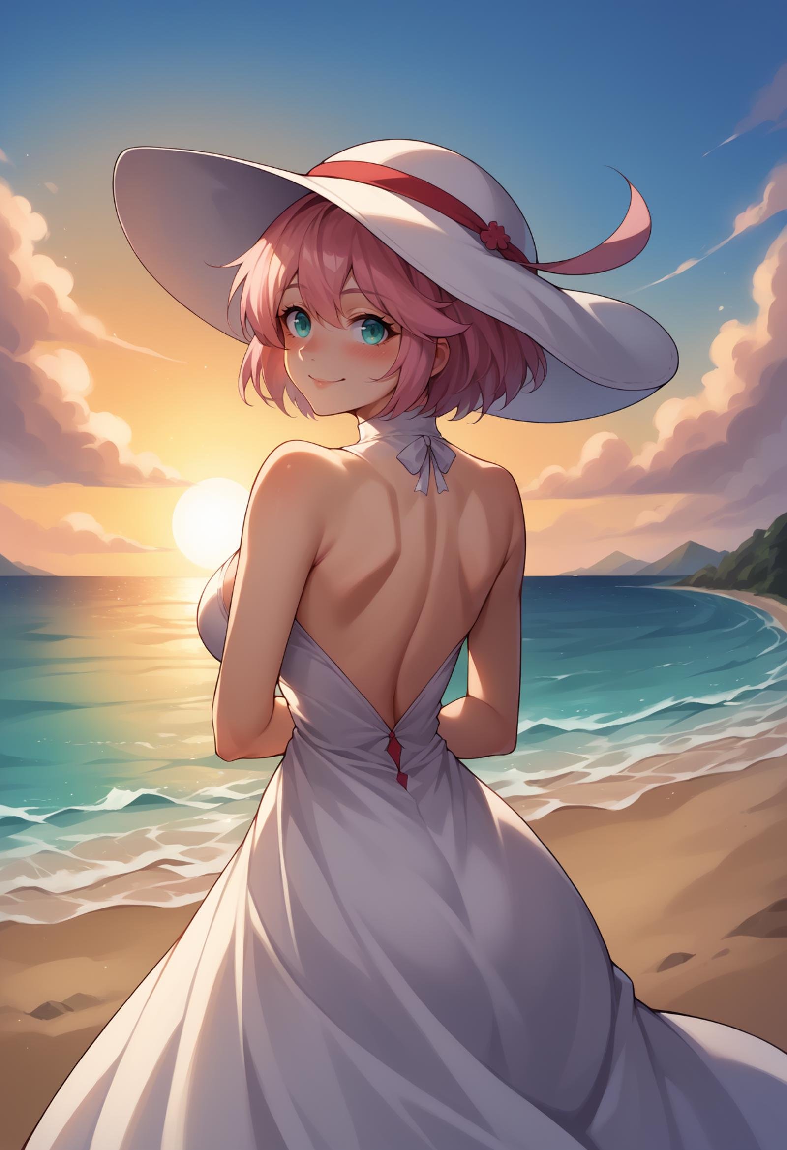 score_9, score_8_up,score_7_up, source_anime, 1girl, solo, <lora:EPggElphelt:1.0>, EPggElphelt, 1girl, aqua eyes, pink hair, short hair, hair between eyes, ahoge, large breasts,  smile, from behind, white dress, looking back, blush, arms behind back, bare shoulders, female focus, looking at viewer, hat, back, dress, sundress, outdoors, sun hat, sky, sunset, ocean, reflective water,