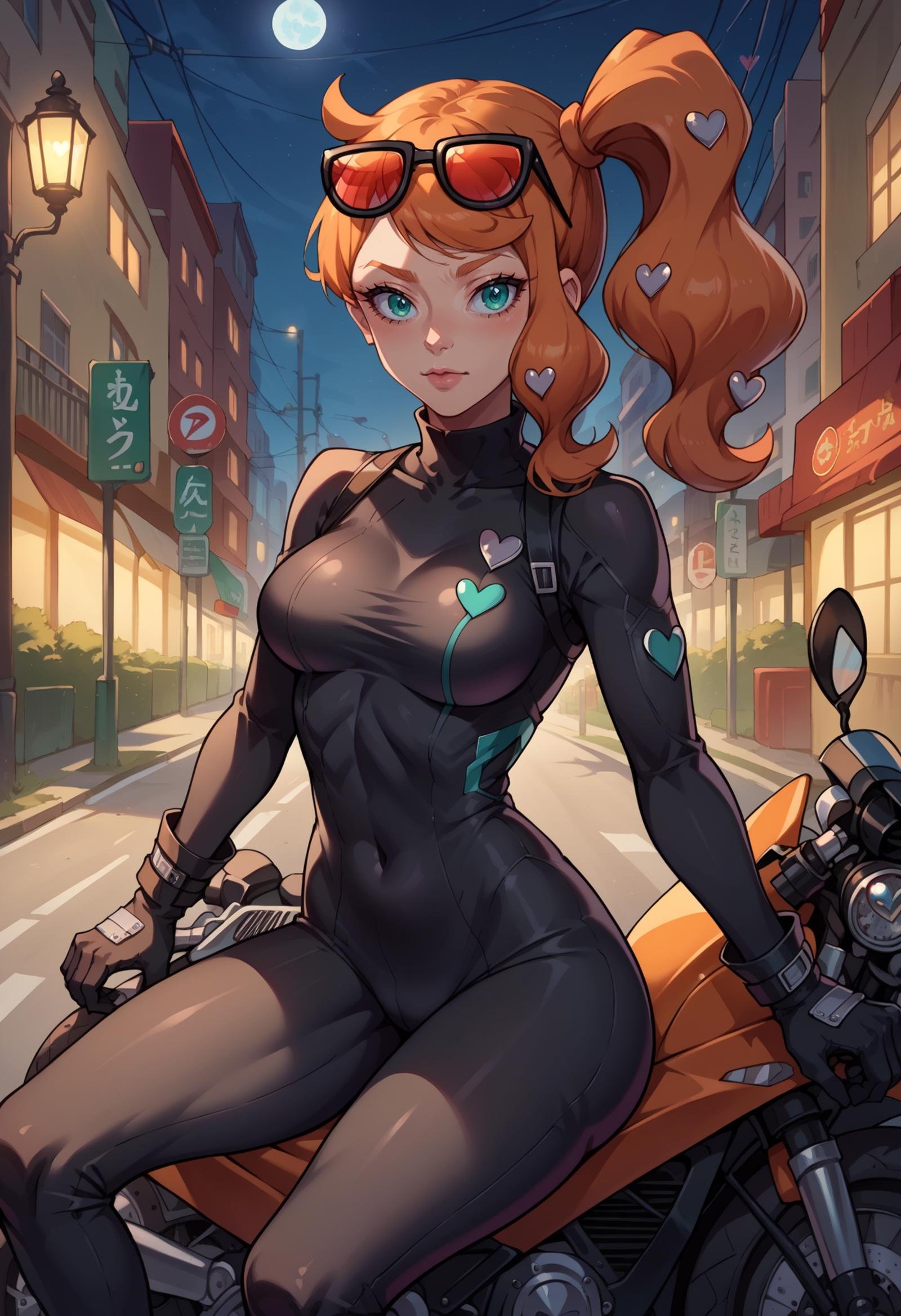 score_9, score_8_up,score_7_up, source_anime,1girl, solo, <lora:EPpkSonia:1> , EPpkSonia, orange hair, side ponytail, aqua eyes, long hair, eyewear on head, sunglasses, heart hair ornament, cowboy shot, leaning, motor vehicle, ground vehicle, motorcycle, sitting, on motorcycle, black bodysuit, turtleneck, addidas, night, street, skin tight, 