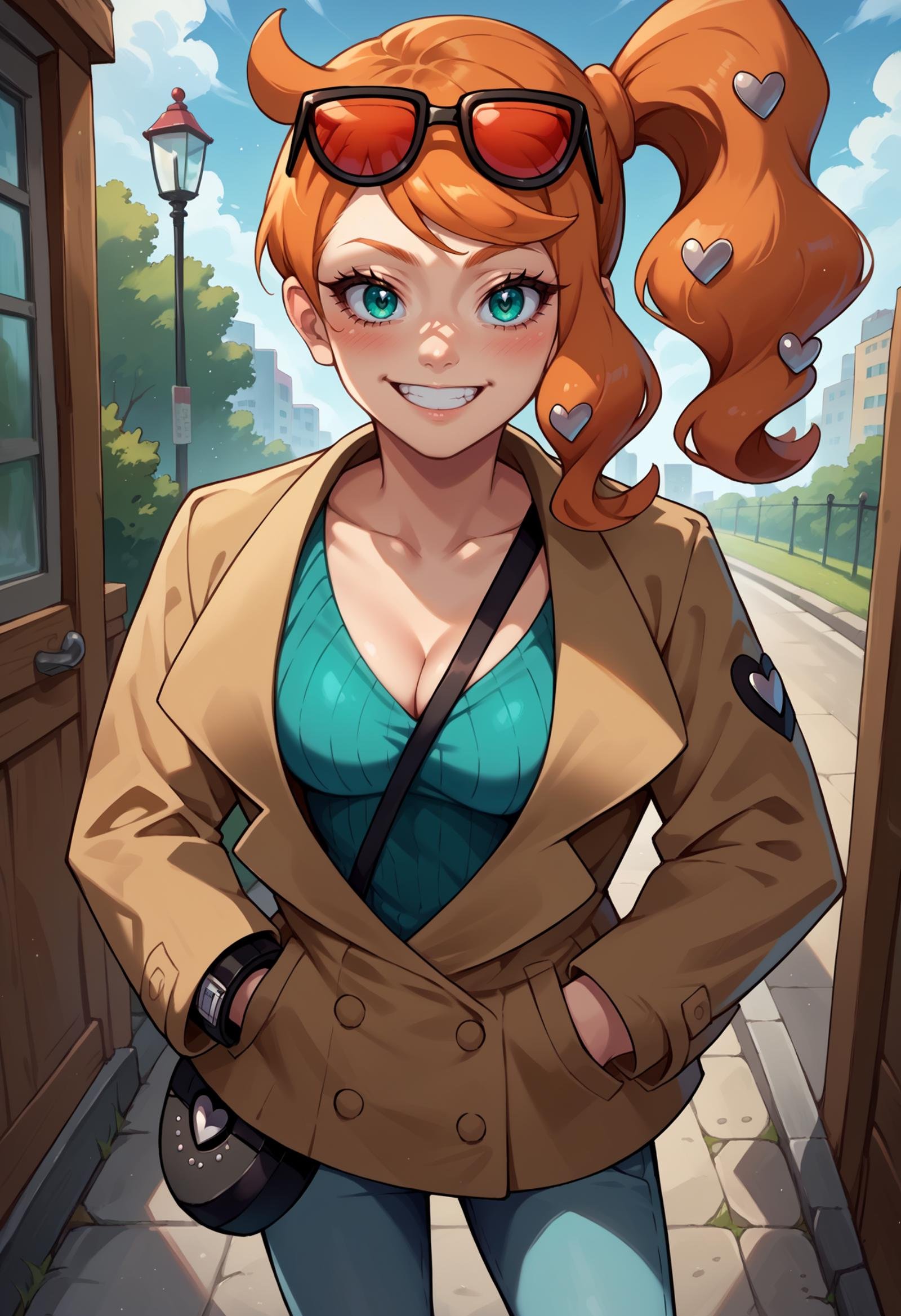 score_9, score_8_up,score_7_up, source_anime,1girl, solo, <lora:EPpkSonia:1> , EPpkSonia, orange hair, side ponytail, aqua eyes, long hair, eyewear on head, sunglasses, heart hair ornament, ribbed shirt, aqua shirt, brown coat, strap between breasts, cleavage, bracelet, collarbone, blue pants, shoulder bag, long sleeves, smile, grin, looking at viewer, blush, eyelashes, high heel boots, green footwear, full body, hands in pocket, 