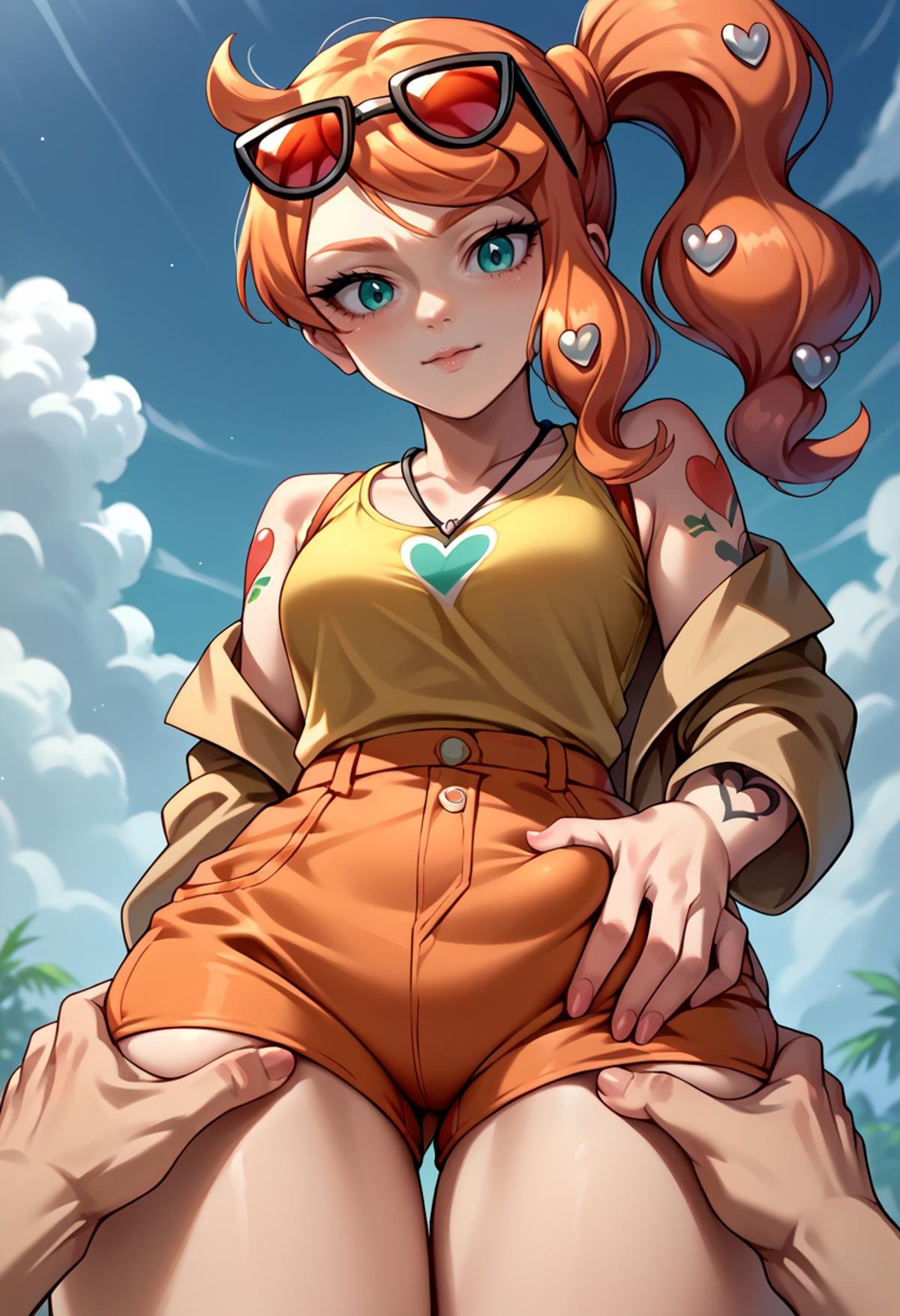 score_9, score_8_up,score_7_up, source_anime,1girl, solo, <lora:EPpkSonia-10:1> , EPpkSonia, orange hair, side ponytail, aqua eyes, long hair, eyewear on head, sunglasses, heart hair ornament,   lower body focus, thighs grab pov, tattoos, front view,