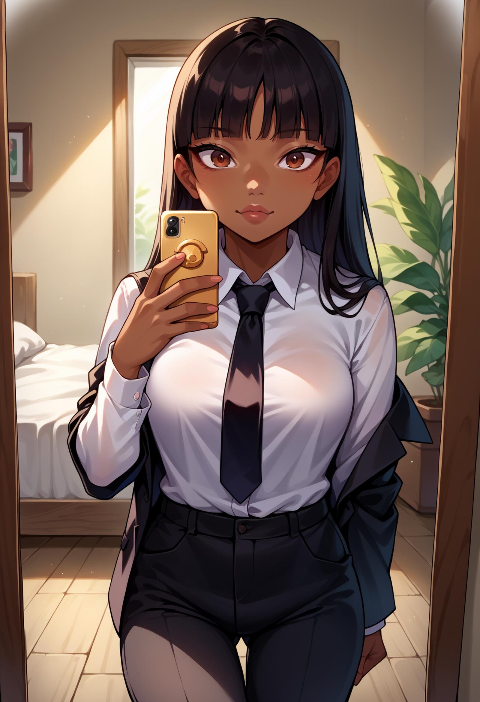 score_9, score_8_up,score_7_up, source_anime, rating_questionable, 1girl,solo, <lora:EPrtedChel-10:1>,  EPrtedChel, long hair, black hair, straight hair, brown eyes, blunt bangs, dark-skinned female, dark skin,very dark skin,   business suit, black pants, white collared shirt, black suit, black jacket, black necktie, selfie, taking picture, mirror selfie, bedroom, bed, mirror,