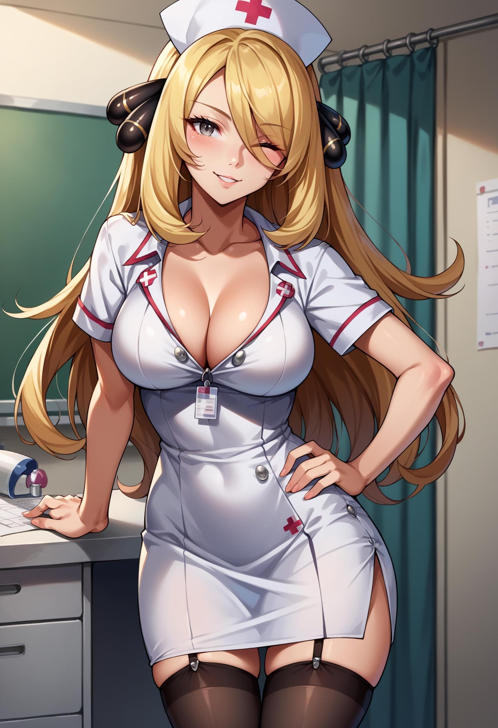 score_9, score_8_up,score_7_up, source_anime, rating_questionable, 1girl, solo, <lora:EPpkCynthia:0.8> EPpkCynthia, long hair, blonde hair, hair over one eye, grey eyes,  large breasts, smile, nurse cap, one eye closed, white dress, garter straps, thighhighs, blush, cleavage, short sleeves, ;d, black thighhighs, looking at viewer, female focus, nurse, hat, indoors, dress, hand on hip, bow, collarbone, infirmary,