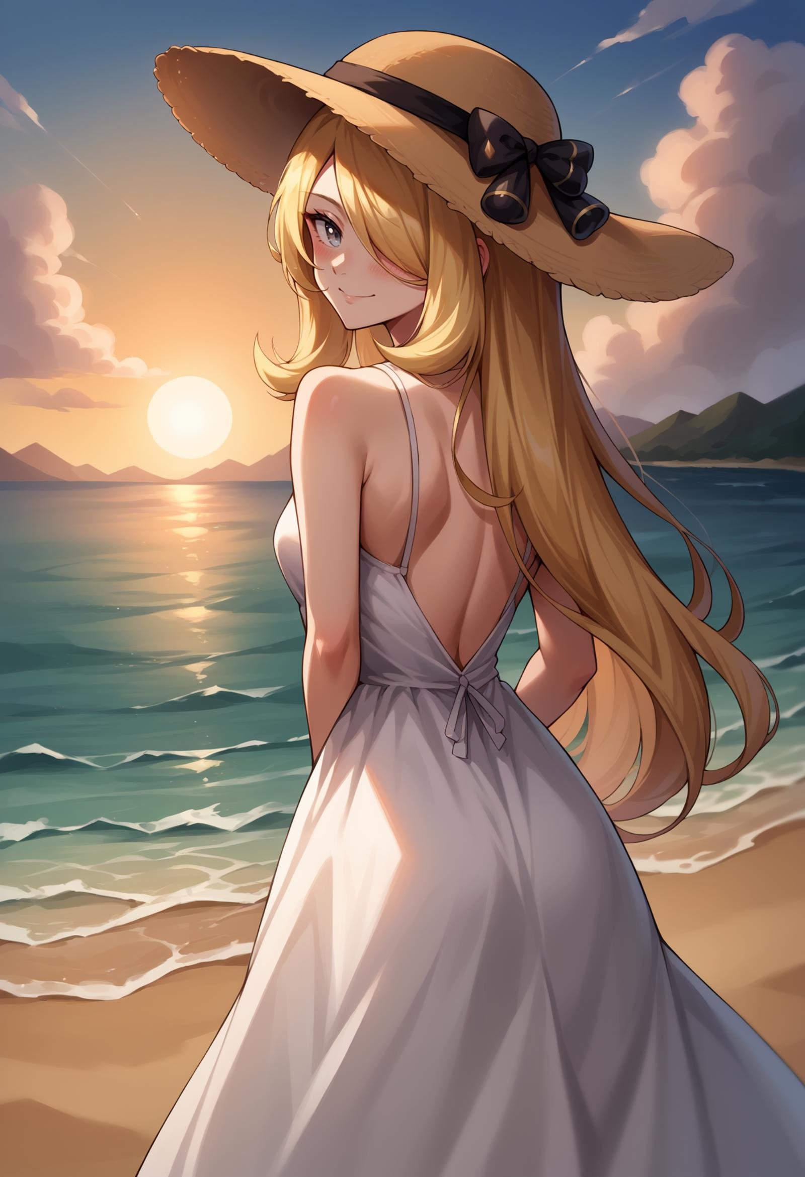 score_9, score_8_up,score_7_up, source_anime, rating_safe, 1girl, solo, <lora:EPpkCynthia:0.8> EPpkCynthia, long hair, blonde hair, hair over one eye, grey eyes,  smile, from behind, white dress, looking back, blush, arms behind back, bare shoulders, female focus, looking at viewer, hat, back, dress, sundress, outdoors, sun hat, sky, sunset, ocean, reflective water,