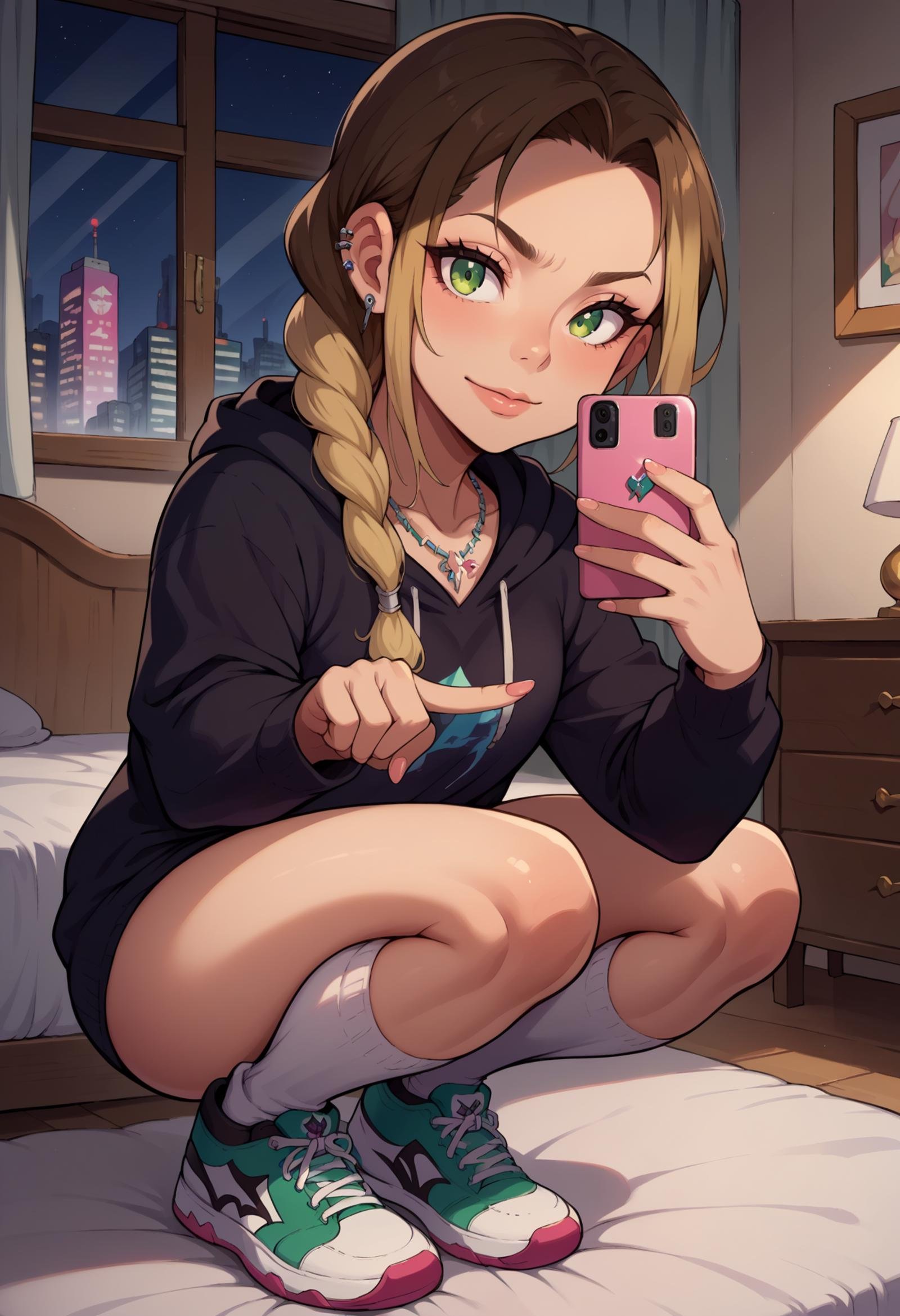 score_9, score_8_up,score_7_up, source_anime,1girl, solo, <lora:EPmhsKayna:1>,  EPmhsKayna, green eyes, multicolored hair, brown hair, blonde hair, sidelocks, braided ponytail, long hair,  necklace, ear piercing, black hoodie, white socks, kneehighs, sneakers, black sneakers, squatting, selfie, taking picture, mirror selfie, bedroom, bed, mirror, at a dark room, at night , city view from the window, gyaru,