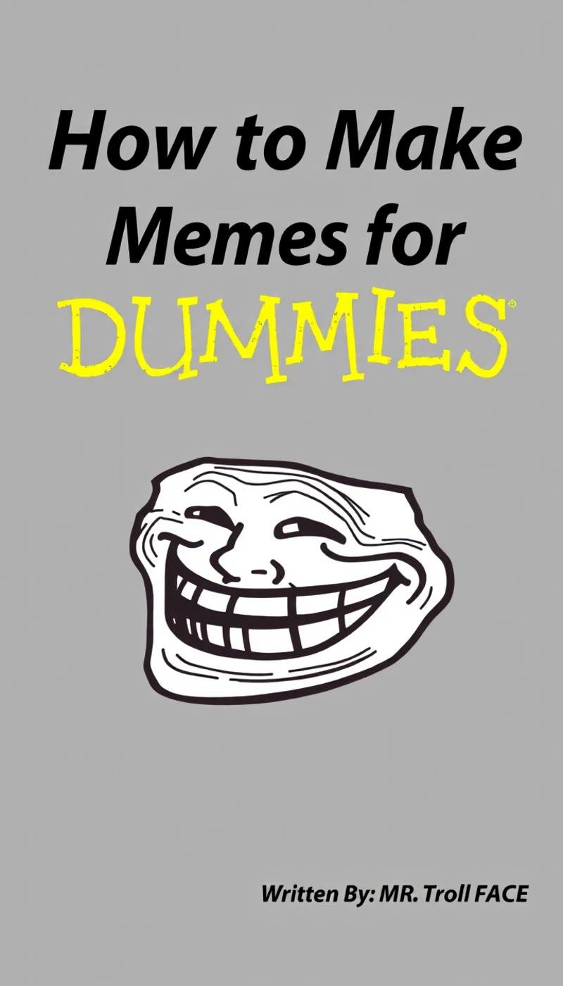 HOW TO MAKE MEMES FOR DUMMIES BOOK COVER,<lora:Flux_For_Dummies:1>,TROLL FACE MEME,WRITTEN BY: MR. TROLL FACE,DUMMIES LOGO,