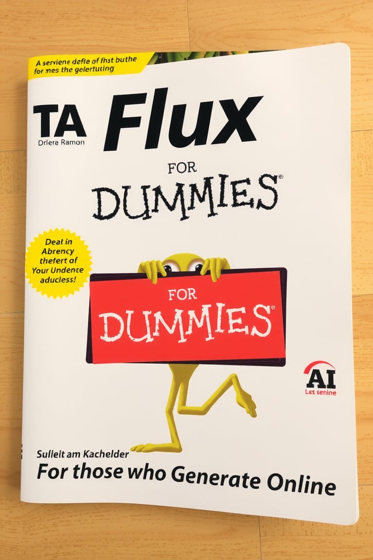 FLUX FOR DUMMIES BOOK COVER,ALIEN WITH A SIGN THAT SAYS "SCHNELL" ,TEXT ON THE BOTTOM THAT SAYS "FOR THOSE WHO GENERATE ONLINE",TA LOGO ON LEFT,AI LOGO ON RIGHT,