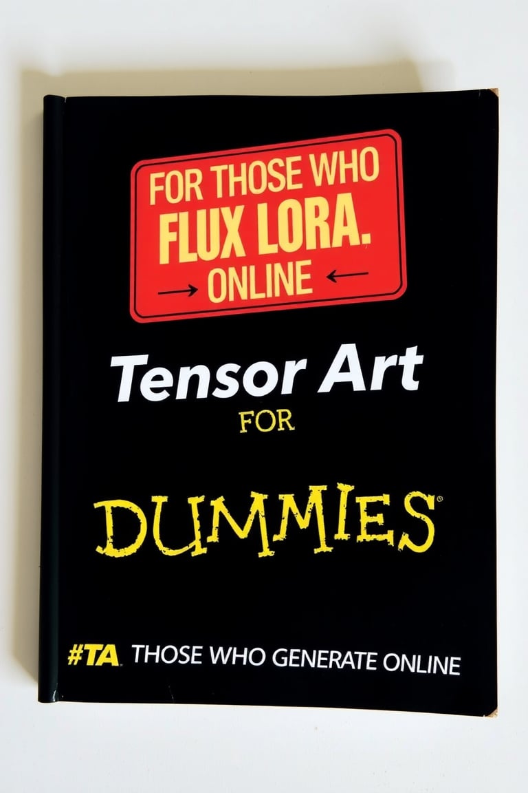 TENSOR ART FOR DUMMIES BOOK COVER, SIGN THAT SAYS "FLUX LORA" ,TEXT ON THE BOTTOM THAT SAYS "FOR THOSE WHO GENERATE ONLINE",TA LOGO ON LEFT,AI LOGO ON RIGHT,BLACK BACKGROUND