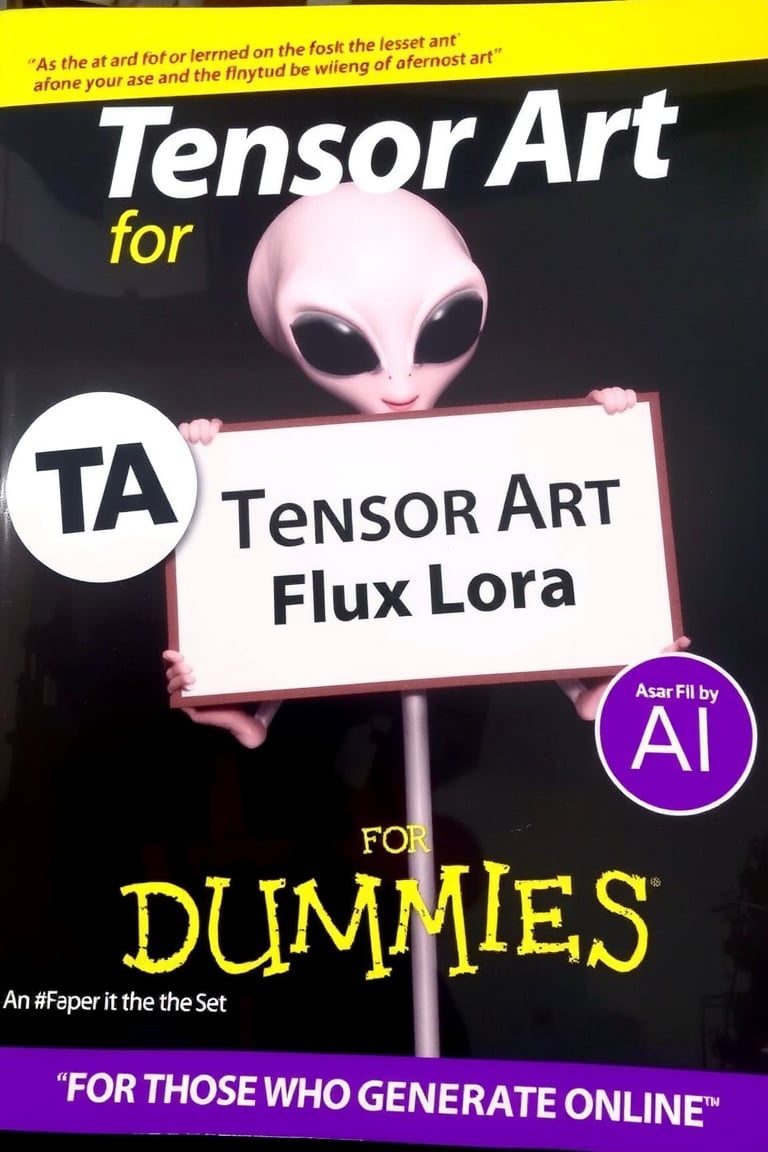 TENSOR ART FOR DUMMIES BOOK COVER,ALIEN WITH A SIGN THAT SAYS "FLUX LORA" ,TEXT ON THE BOTTOM THAT SAYS "FOR THOSE WHO GENERATE ONLINE",TA LOGO ON LEFT,AI LOGO ON RIGHT,