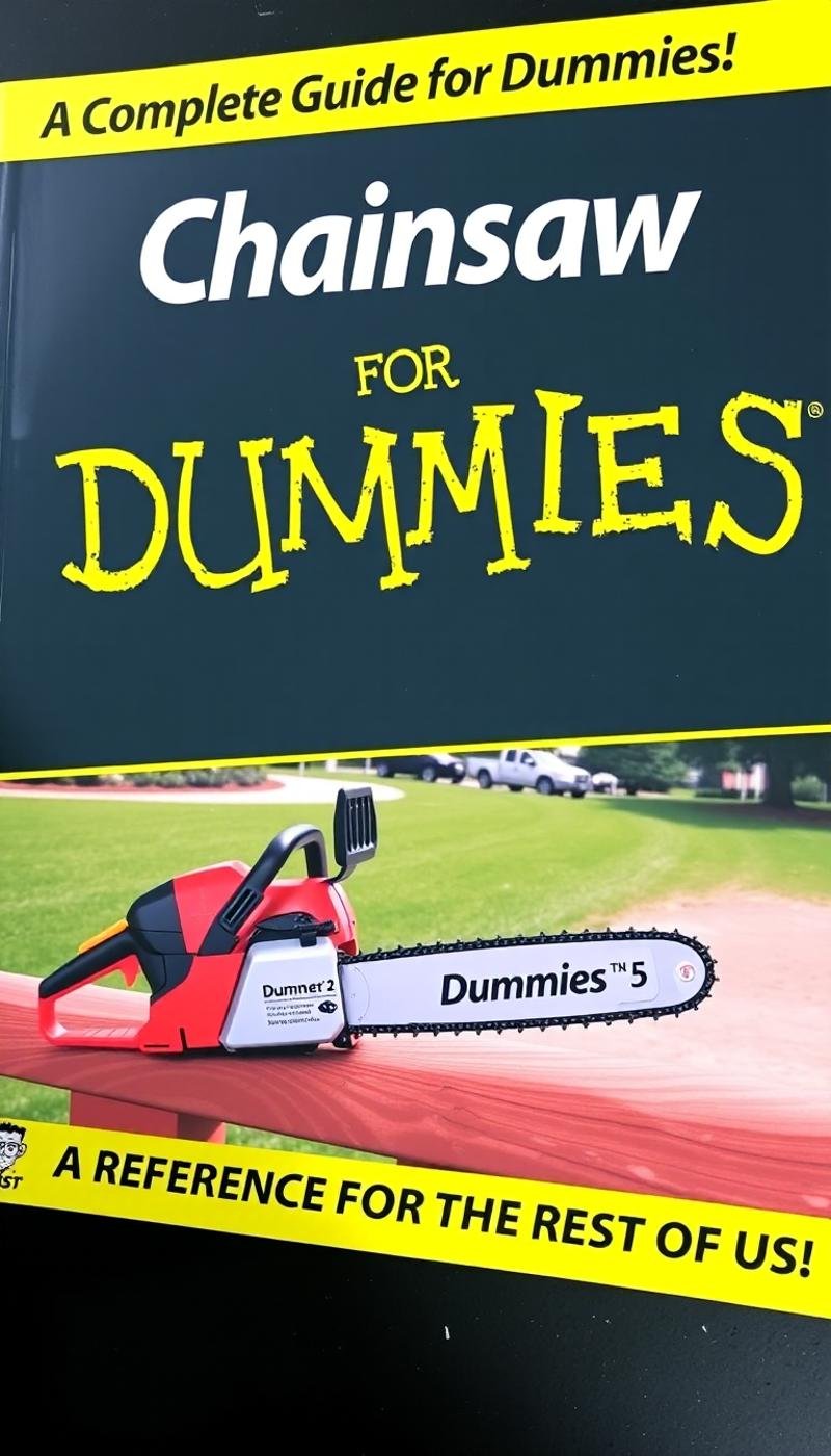 CHAINSAW FOR DUMMIES BOOK COVER,TEXT ON TOP THAT SAYS "A COMPLETE GUIDE FOR DUMMIES",DUMMIES LOGO ON BOTTOM,TEXT ON BOTTOM THAT SAYS "A REFERENCE FOR THE REST OF US!",<lora:For Dummies Book Cover - FluxV1:1>,