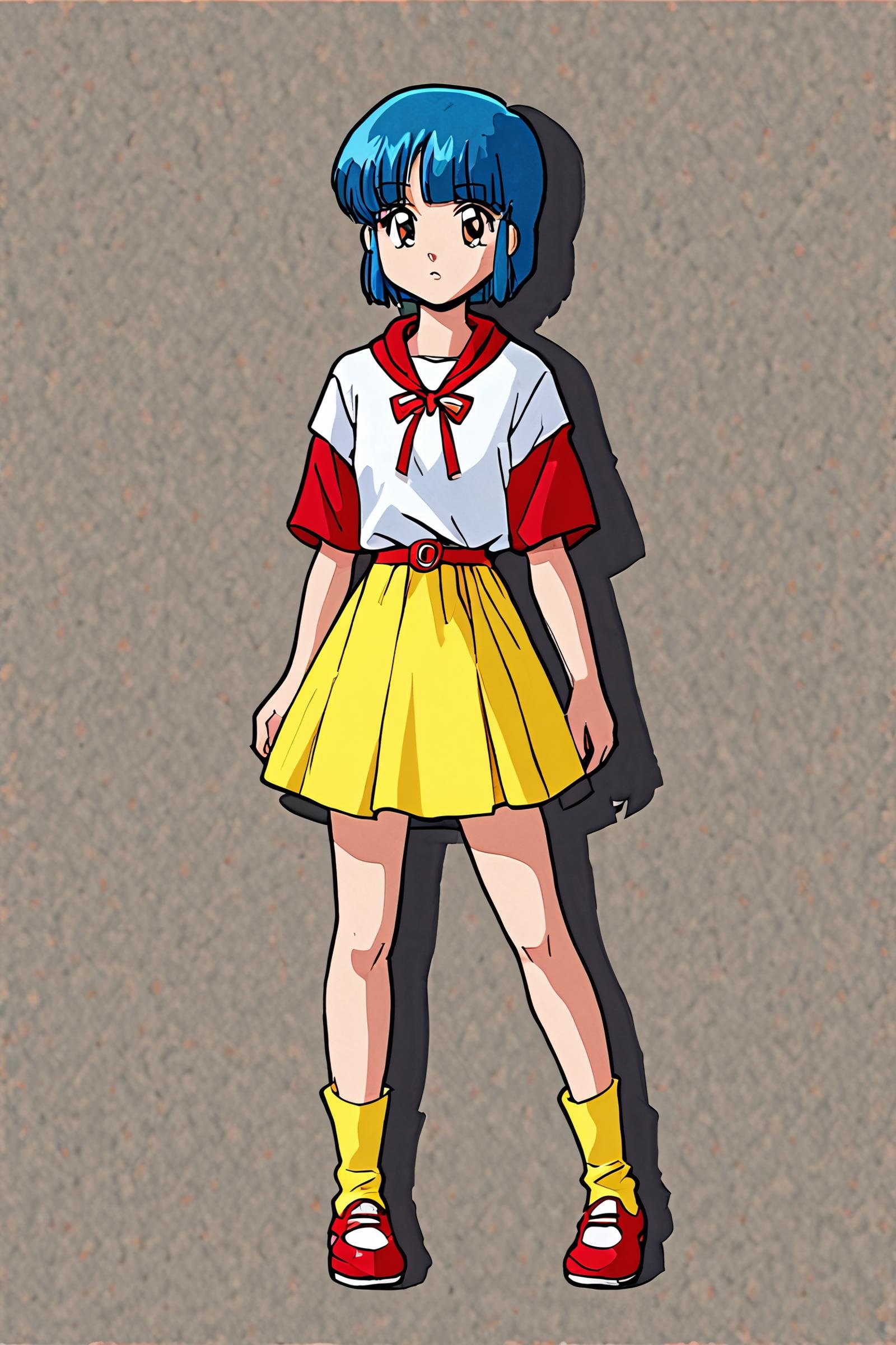 score 9, score 8 up, score 7 up, yuumorisawa, 1girl, solo, short hair, skirt, white shirt, red sleeves, ribbon, brown eyes, blue hair, short sleeves, boots, socks, hood, blunt bangs, red ribbon, hoodie, hood down, yellow skirt, yellow socks, retro artstyle, 1980s (style)<lora:EMS-69241-EMS:0.500000>, <lora:EMS-473809-EMS:1.000000>