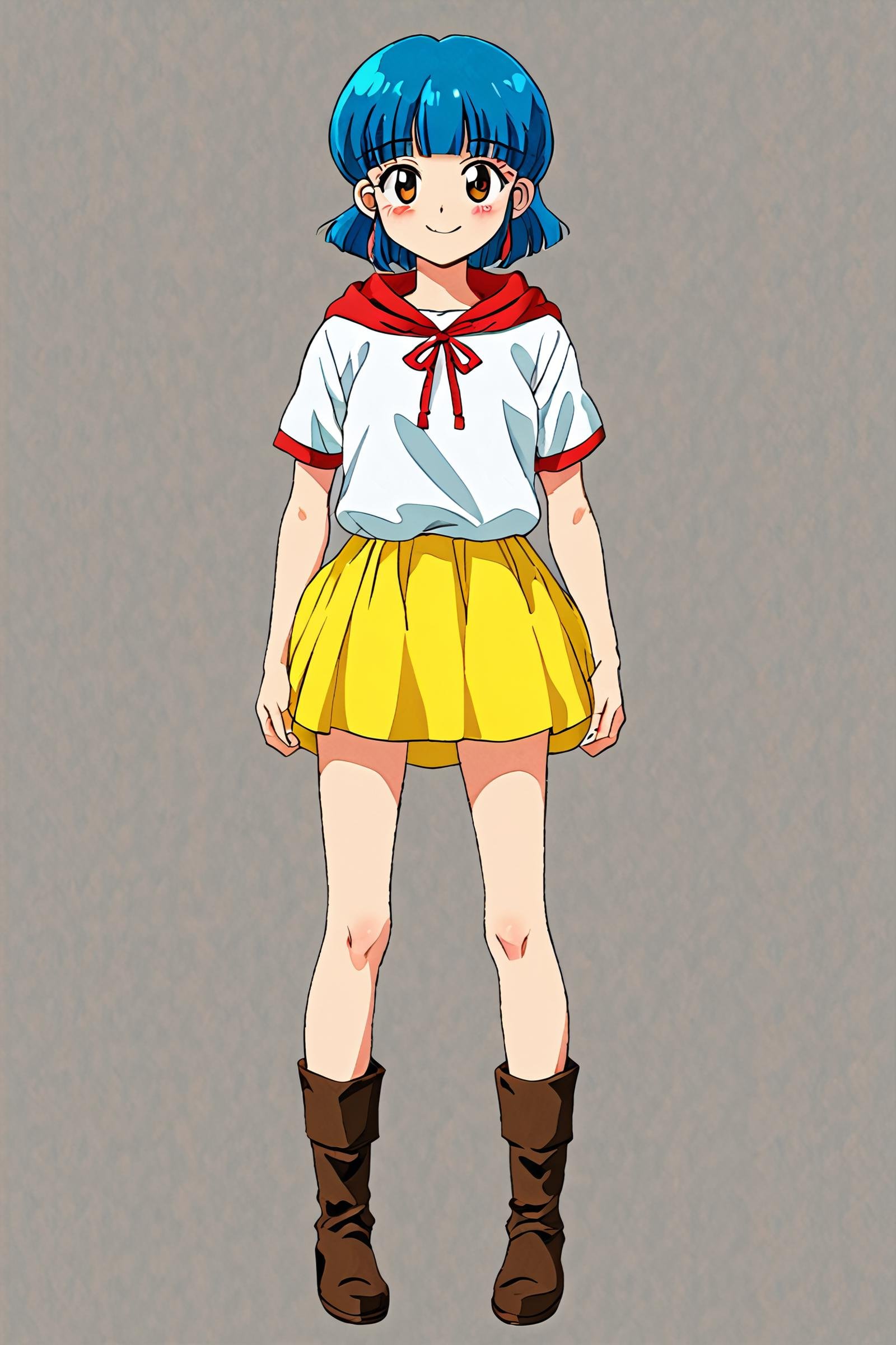 score 9, score 8 up, score 7 up, yuumorisawa, 1girl, solo, looking at viewer, blush, smile, short hair, skirt, simple background, white background, ribbon, brown eyes, closed mouth, blue hair, full body, short sleeves, boots, socks, hood, blunt bangs, red ribbon, hoodie, hood down, yellow skirt, retro artstyle, 1980s (style)<lora:EMS-69241-EMS:0.500000>, <lora:EMS-473809-EMS:1.000000>