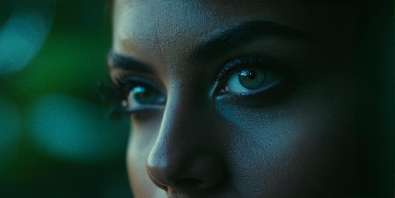 cinematic, woman eyes, gaze, close-up, dark, film grain, nature, side view ƒ/22, Urban, Short telephoto focal length, shot on ALEXA 65, <lora:CinematicStyle_v1:.8>