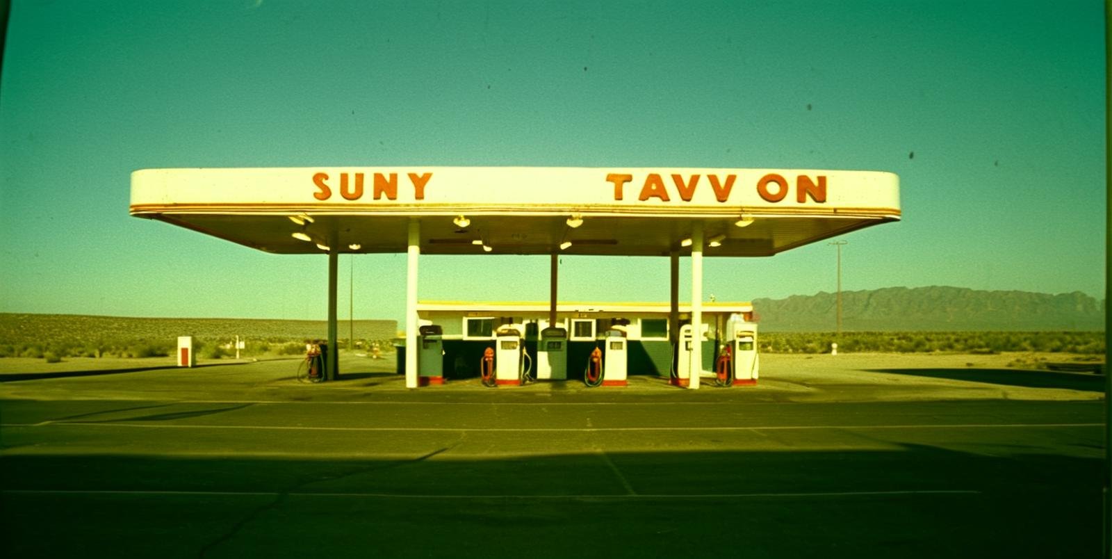 cinematic, 1980, classic, sunny, gas station, lights, happy, film grain, abandoned taven, ƒ/22, Short telephoto focal length, shot on ALEXA 65, dark, reflections, dust, <lora:CinematicStyle_v1:.9>