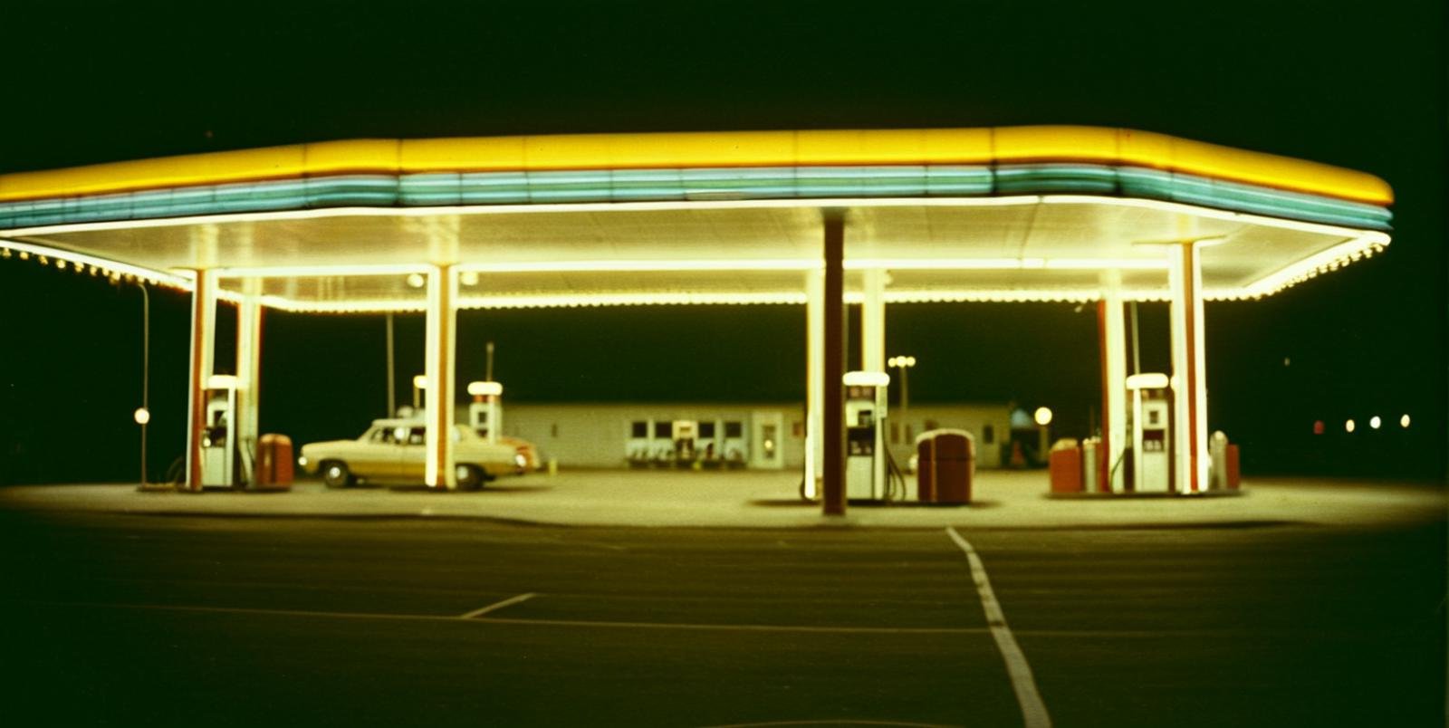 cinematic, 1980, classic, sunny, gas station, lights, happy, film grain, ƒ/22, Short telephoto focal length, shot on ALEXA 65, dark, reflections, dust, <lora:CinematicStyle_v1:.9>