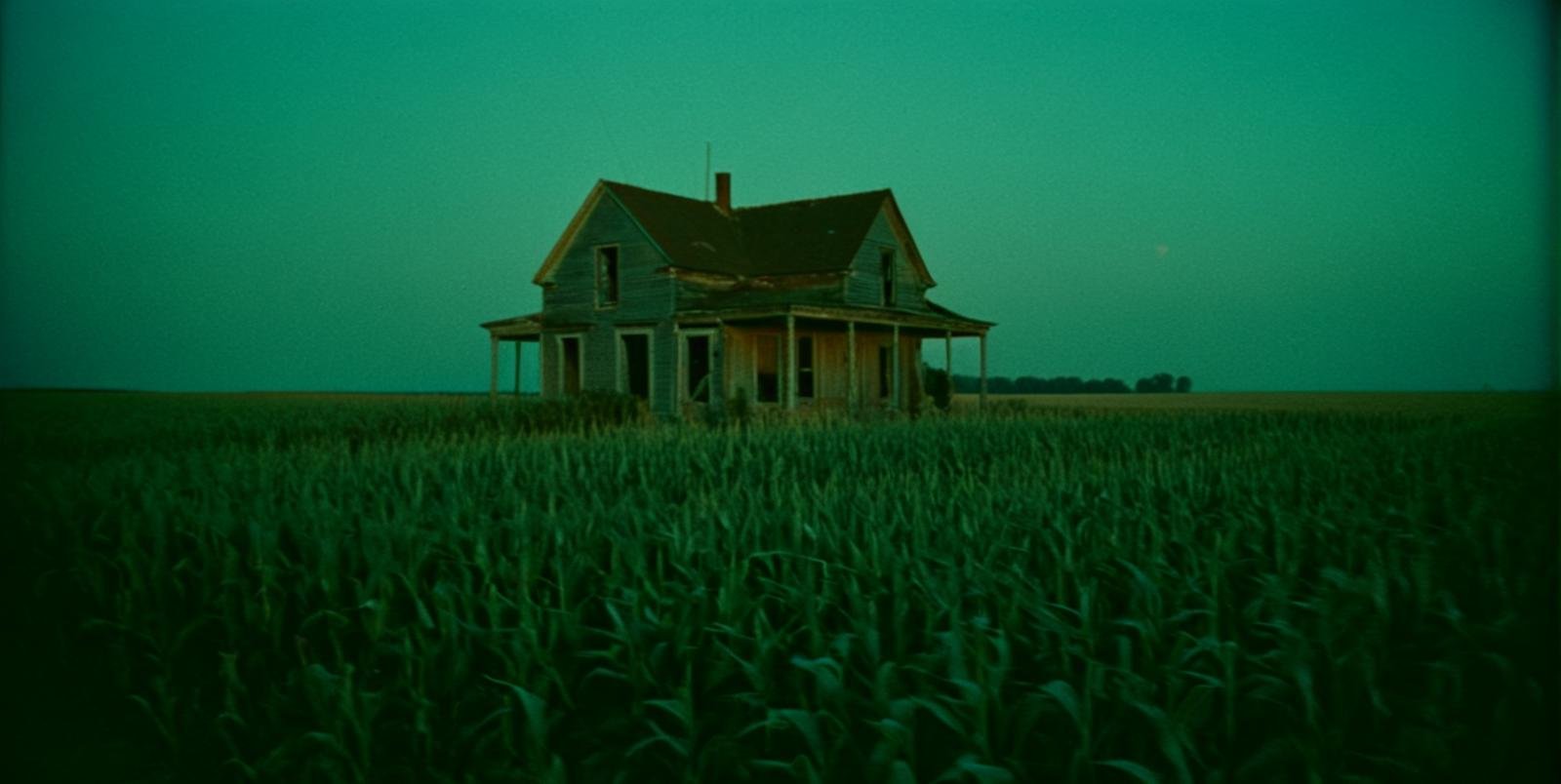 cinematic, 1950, abandoned house, cornfield, low saturation, at dawn, film grain, ƒ/22, Short telephoto focal length, shot on ALEXA 65, dark, reflections, dust, <lora:CinematicStyle_v1:.9>