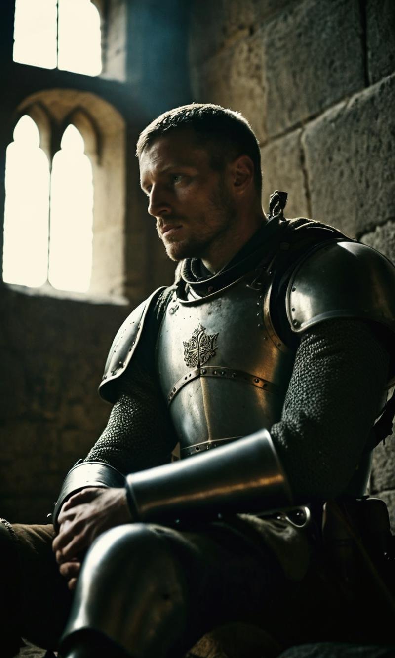 cinematic, medieval soldier sitting, exhausted, low-angle view, dark, film grain, abandoned taven, low saturation, medieval fantasy, ƒ/22, Urban, Short telephoto focal length, shot on ALEXA 65, dark, reflections, dust, <lora:CinematicStyle_v1:.9>