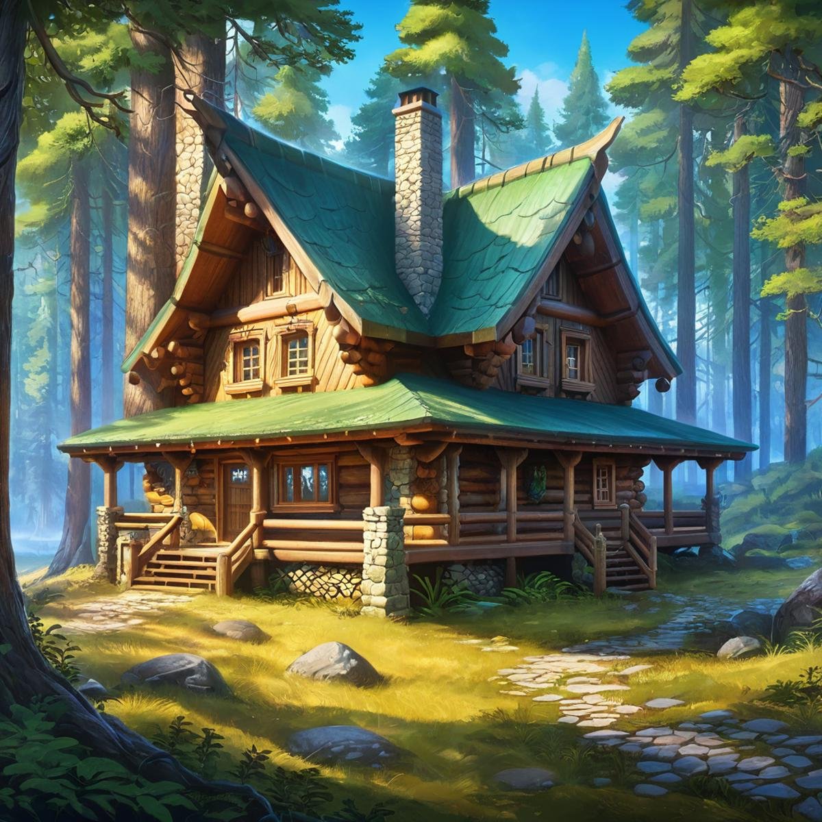 concept art breathtaking cozy cabin in a forest, rpg, rpgartworkstyle, artwork, <lora:RpgArtworkStyle_v1:0.9> . award-winning, professional, highly detailed . digital artwork, illustrative, painterly, matte painting, highly detailed