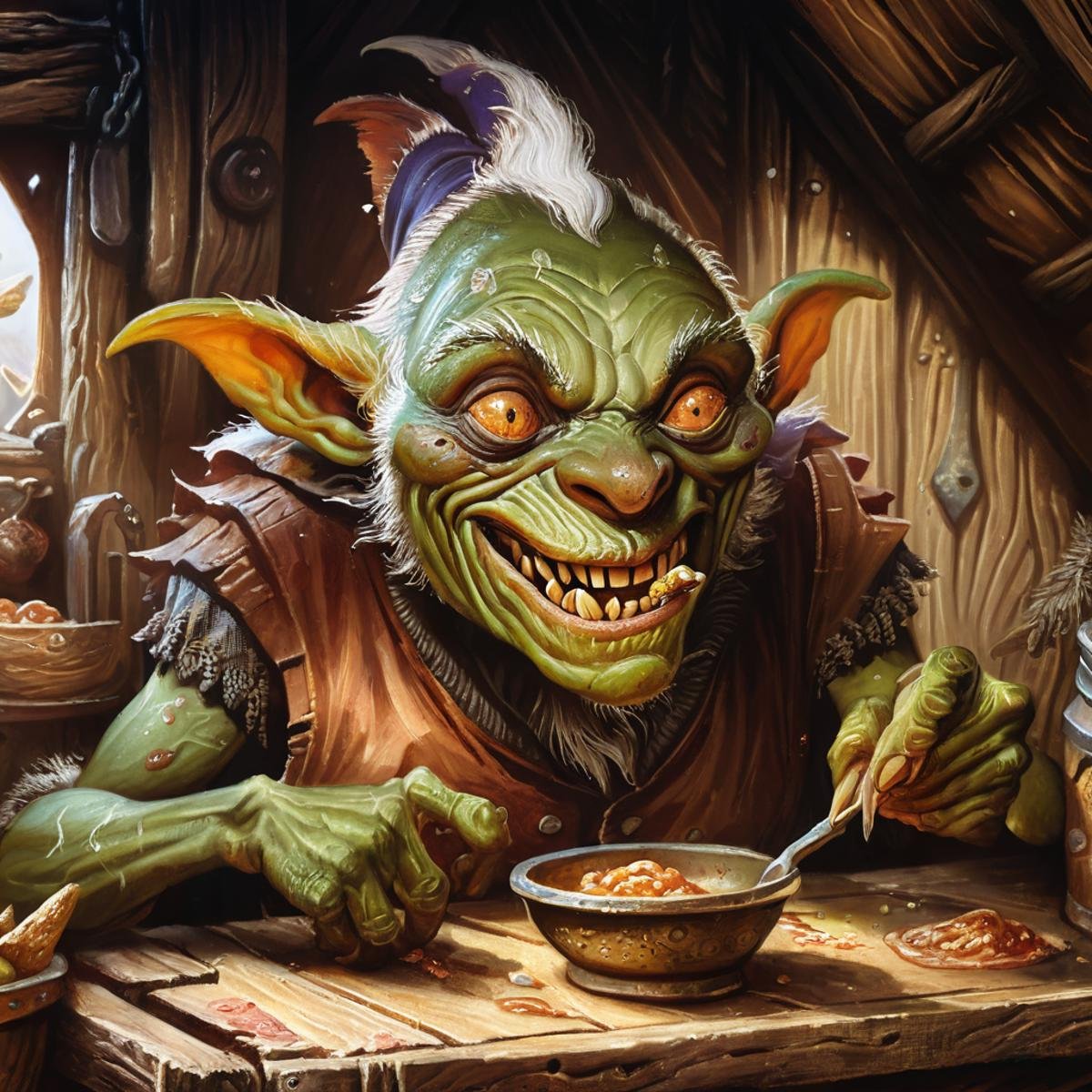 portrait of a ugly goblin eating, in a dirty cabin, fantasy, rpg, rpgartworkstyle, artwork, detailed, <lora:RpgArtworkStyle_v1:0.9>