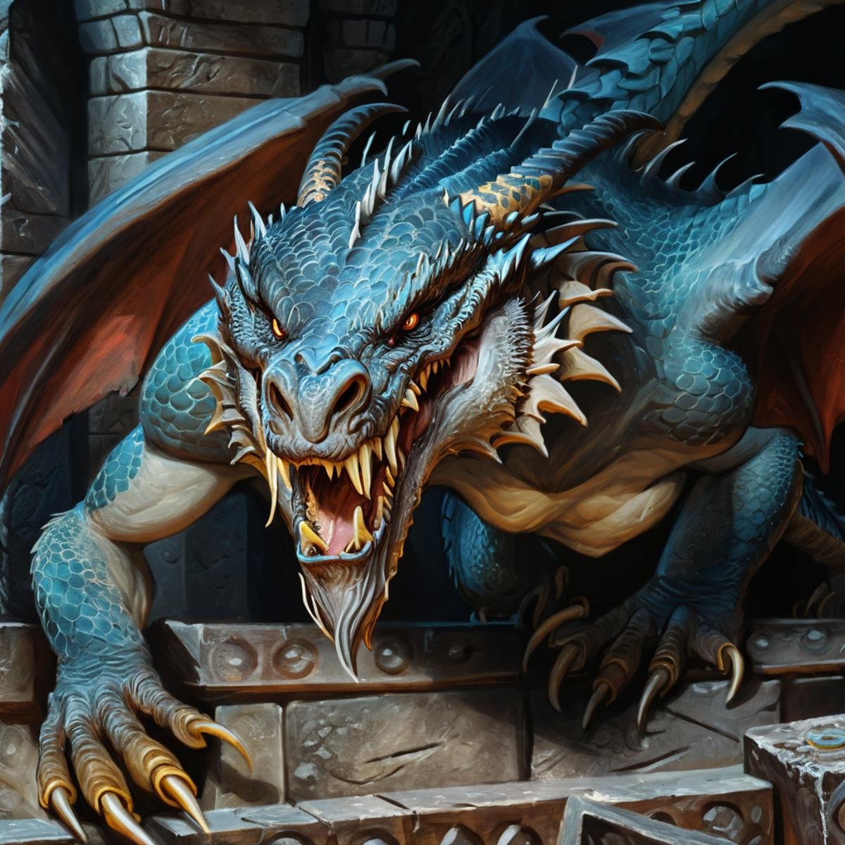 close-up of a dragon in a dungeon, fantasy, rpg, rpgartworkstyle, artwork, detailed, <lora:RpgArtworkStyle_v1:0.9>