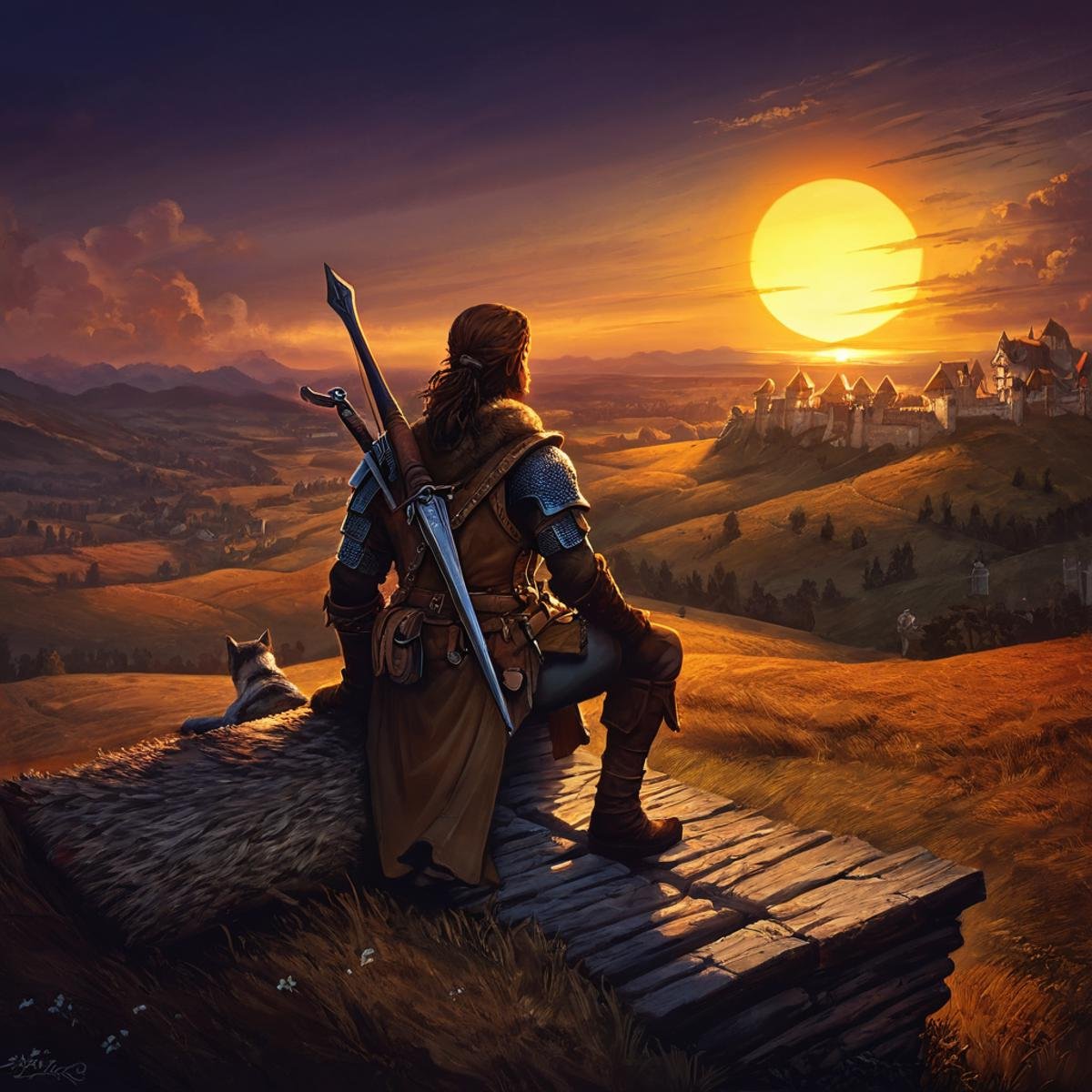 medieval hunter resting looking at the sunset, from behind, fantasy, rpg, rpgartworkstyle, artwork, detailed, <lora:RpgArtworkStyle_v1:0.9>