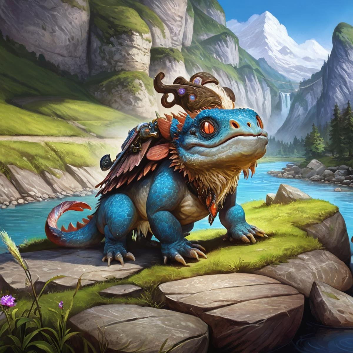 cute creature next to a river, fantasy, rpg, rpgartworkstyle, artwork, detailed, <lora:RpgArtworkStyle_v1:0.9>