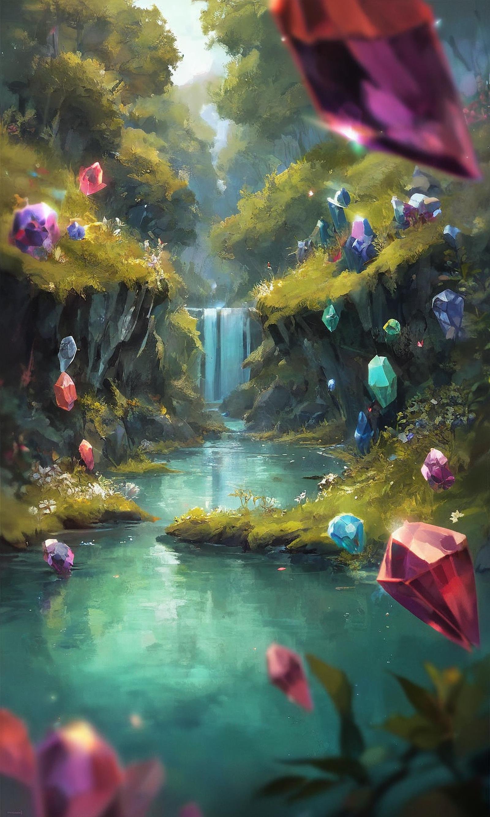 score_9, score_8_up, score_7_up, BREAK, fantasy, crystals, gems, river, nature, rim lighting, depth of field, <lora:RELSM_v1:.9>