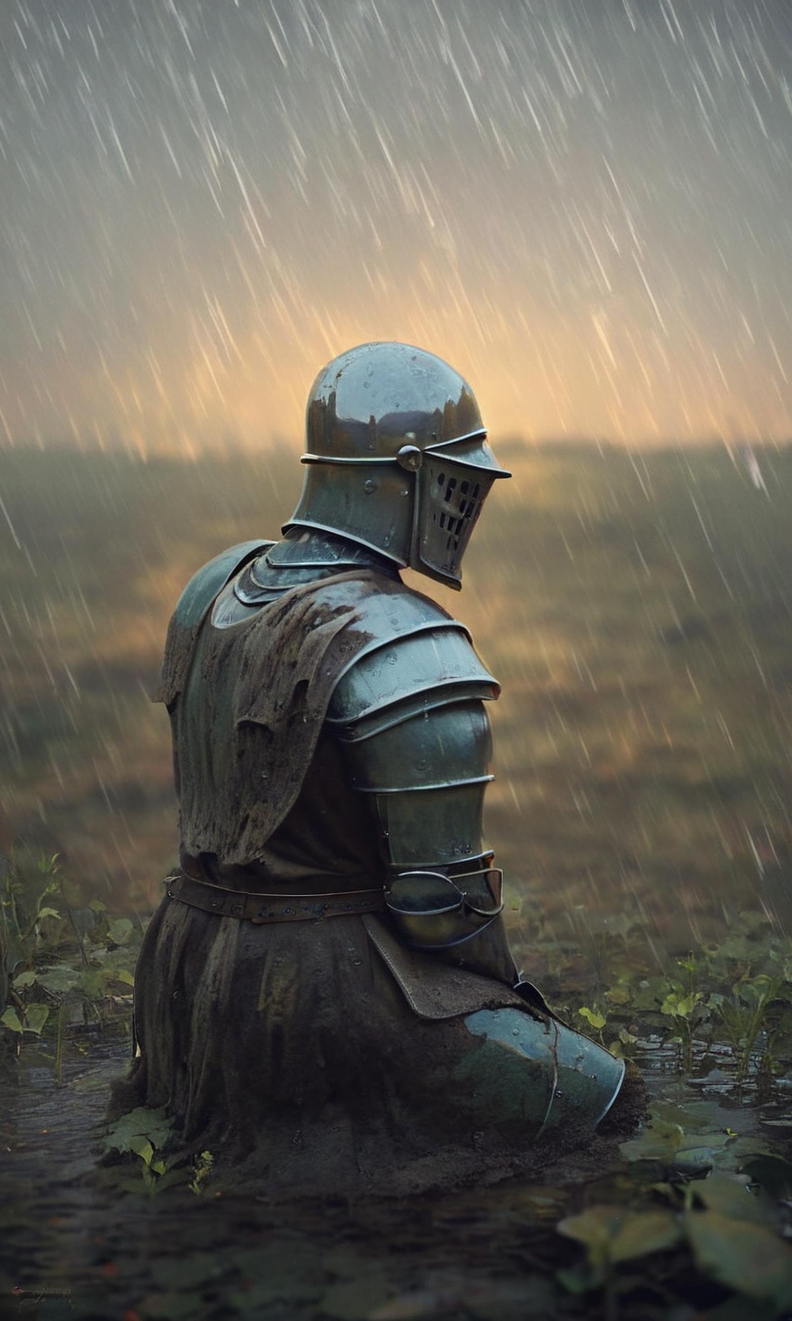 score_9, score_8_up, score_7_up, BREAK, medieval fantasy, knight, raining, storm, tabard, kneeling, defeated, close-up, dramatic, mud, portrait, water_drop, epic armor, cornfield, rim lighting, film grain, depth of field, scenery, <lora:RELSM_v1:.9>