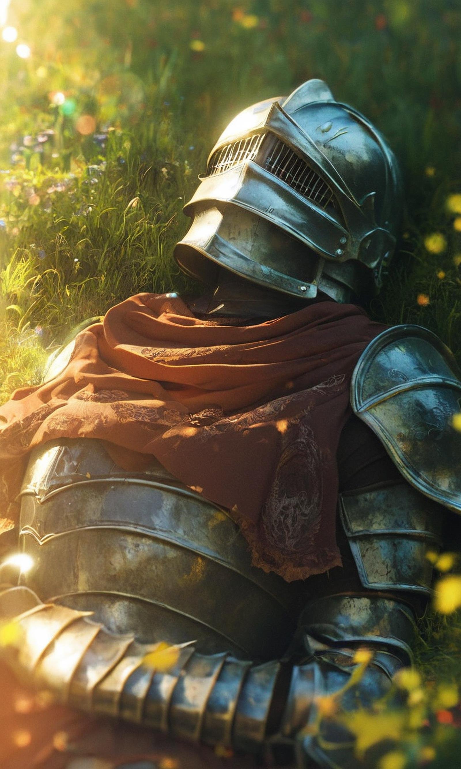 score_9, score_8_up, score_7_up, BREAK, knight, dark fantasy, rusty epic armor, laying back, helmet, lens flare, grass, sleeping, top view, dark souls, rim lighting, depth of field, <lora:RELSM_v1:.9>