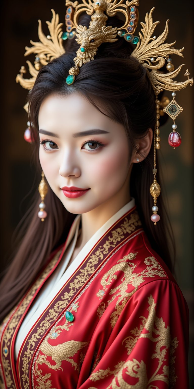 A stunning (Asian woman), wearing an opulent ancient Chinese empress costume,Her Slavic features, -blue eyes and fair skin, contrast beautifully with the ornate Chinese attire, Elaborate headdress adorned with gold filigree, jade beads, and hanging pearls, Intricate phoenix crown with delicate golden leaves and gemstones,Layered silk robes in rich red and gold, embroidered with dragons and auspicious symbols, Wide, flowing sleeves with detailed embroidery, Ornate collar piece studded with precious stones,Long blonde hair partially visible beneath the headdress,Beautiful woman,Photorealistic, cinematic 