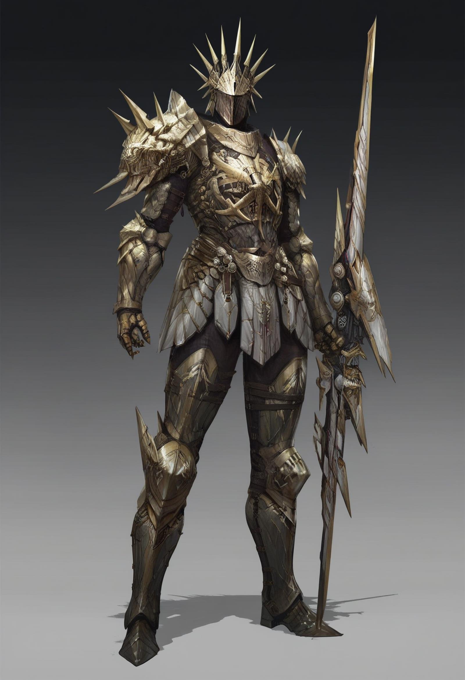 score_9, score_8_up, score_7_up, score_6_up, score_5_up, score_4_up, arm0rs3nt1n3l,solo, 1boy, full body, helmet, black and gold armor, armor, shoulder armor, boots, skinny, tall, gauntlets, slick armor, full body armor, ornament helmet, gold accents, spikes, holding, holding weapon, holding sword,  <lora:ArmorSentinel:1>