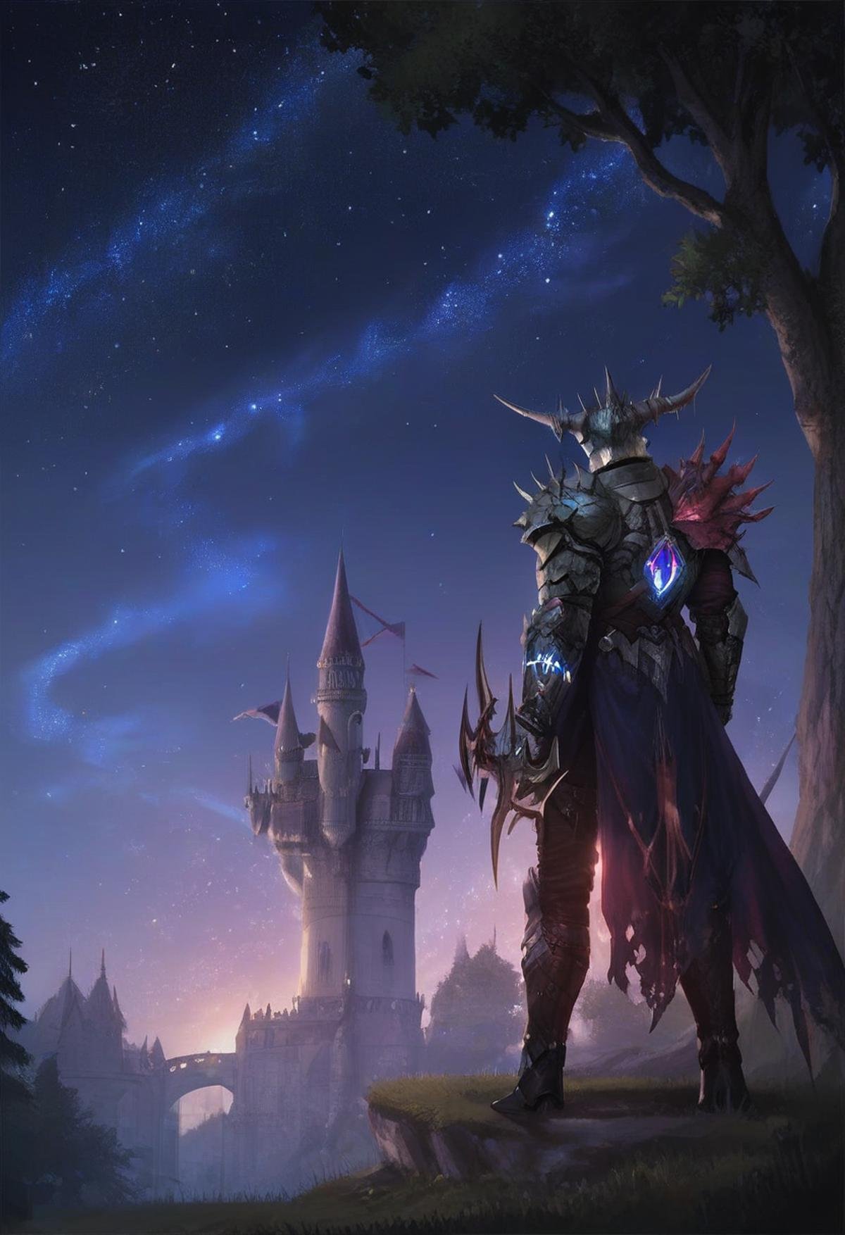 score_9, score_8_up, score_7_up, score_6_up, score_5_up, score_4_up, arm0rs3nt1n3l, glowing neon armor, castle in the background, scenery, tree, at night, starry sky,solo, 1boy, holding, standing, full body, weapon, male focus, boots, horns, sword, cape, holding weapon, armor, <lora:ArmorSentinel:1>