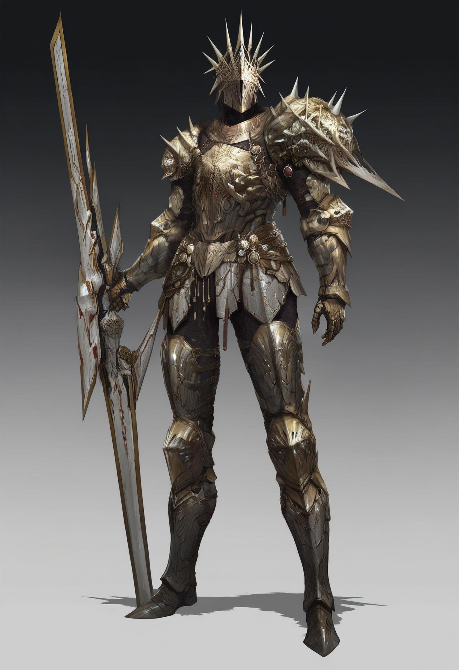 score_9, score_8_up, score_7_up, score_6_up, score_5_up, score_4_up, arm0rs3nt1n3l,solo, 1boy, full body, helmet, black and gold armor, armor, shoulder armor, boots, skinny, tall, gauntlets, slick armor, full body armor, ornament helmet, gold accents, spikes, holding, holding weapon, holding sword,  <lora:ArmorSentinel:1>