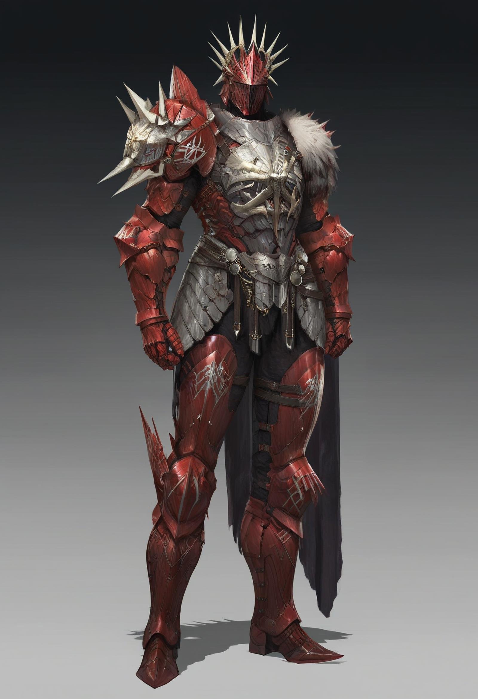 score_9, score_8_up, score_7_up, score_6_up, score_5_up, score_4_up, arm0rs3nt1n3l,solo, 1boy, full body, helmet, red armor, armor, shoulder armor, boots, skinny, tall, gauntlets, slick armor, full body armor, ornament helmet, black accents, spikes, <lora:ArmorSentinel:1>