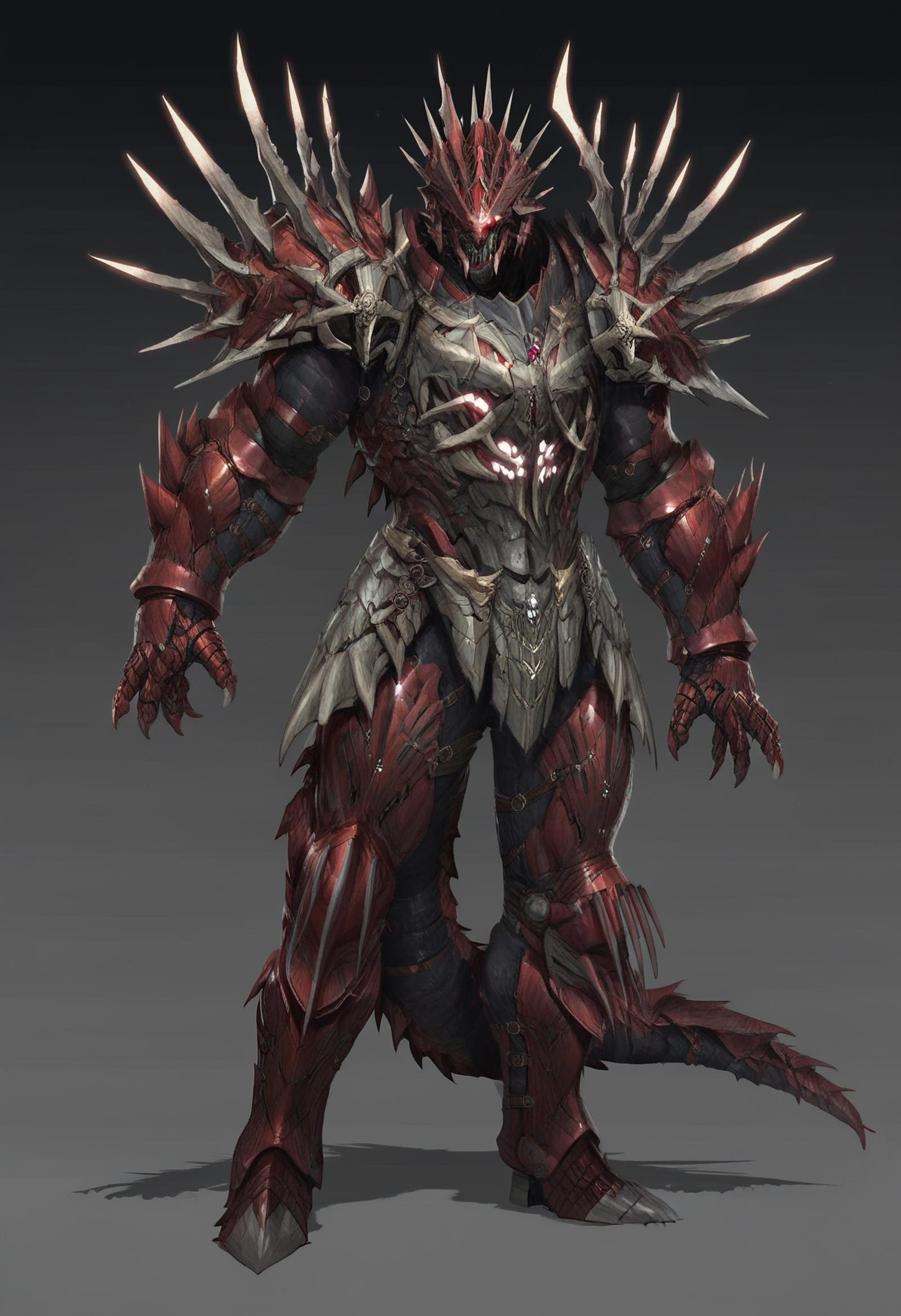 score_9, score_8_up, score_7_up, score_6_up, score_5_up, score_4_up, arm0rs3nt1n3l,solo, 1boy, full body, fangs, monster, tail, scales, helmet, red armor, armor, shoulder armor, boots, skinny, tall, gauntlets, slick armor, full body armor, ornament helmet, black accents, claws, spikes, glowing eyes, <lora:ArmorSentinel:1>