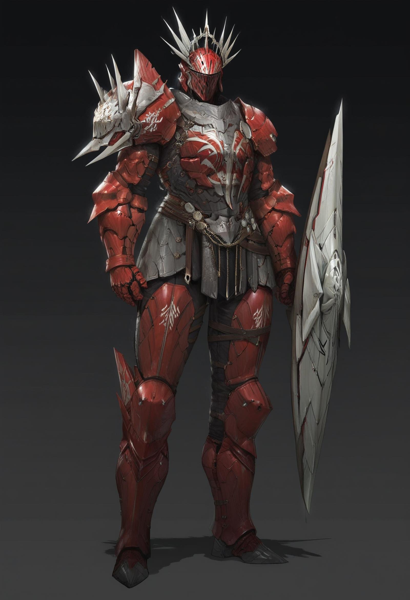 score_9, score_8_up, score_7_up, score_6_up, score_5_up, score_4_up, arm0rs3nt1n3l,solo, 1boy, full body, helmet, red armor, armor, shoulder armor, boots, gauntlets, slick armor, full body armor, ornament helmet, black accents, holding, holding shield, <lora:ArmorSentinel:1>