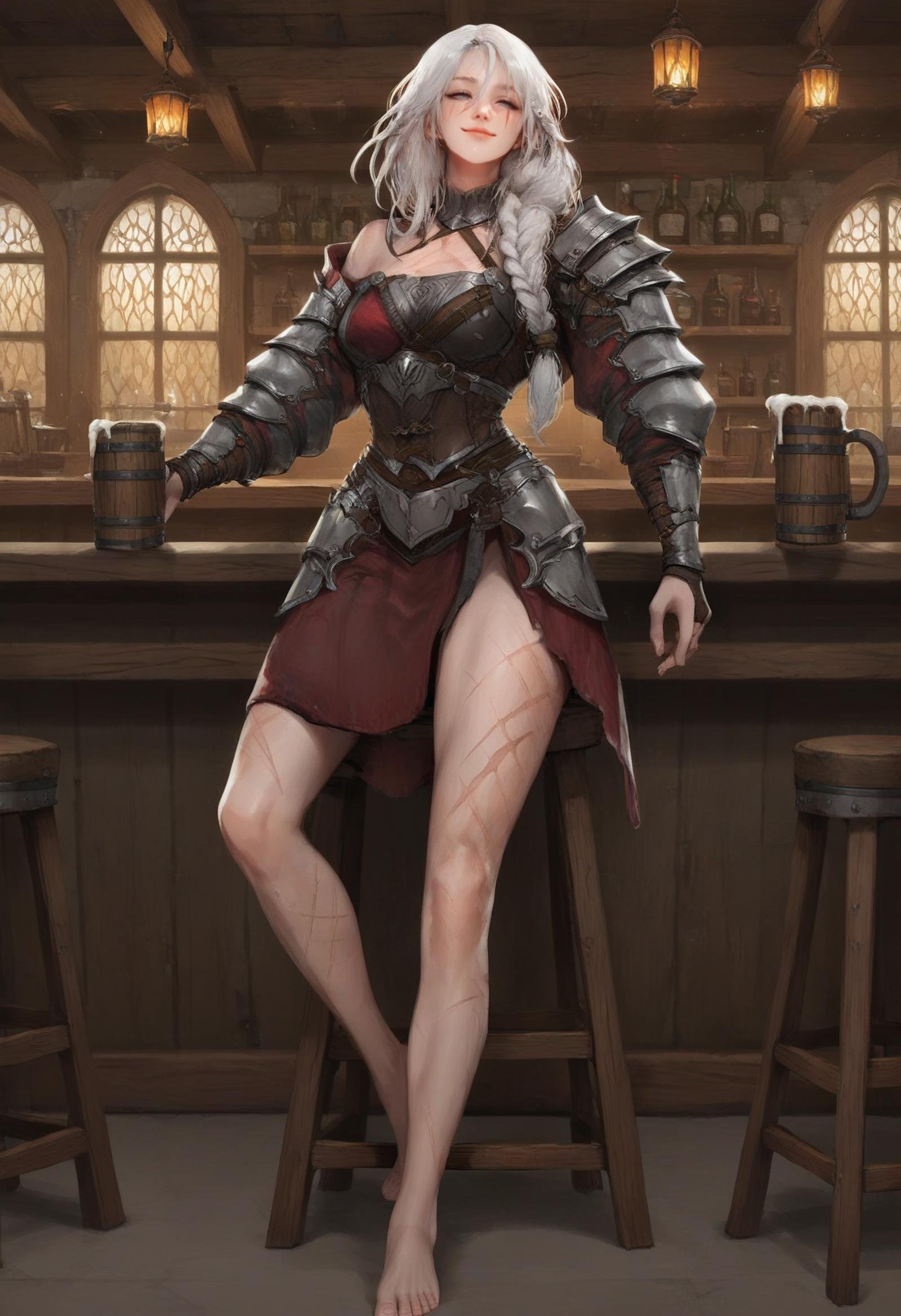 score_9, score_8_up, score_7_up, score_6_up, score_5_up, score_4_up, arm0rs3nt1n3l,solo, 1girl, smile, missing eye, scar across eye, white hair, single braid, long hair, full body, stool, tavern, barefoot,  <lora:ArmorSentinel:1>