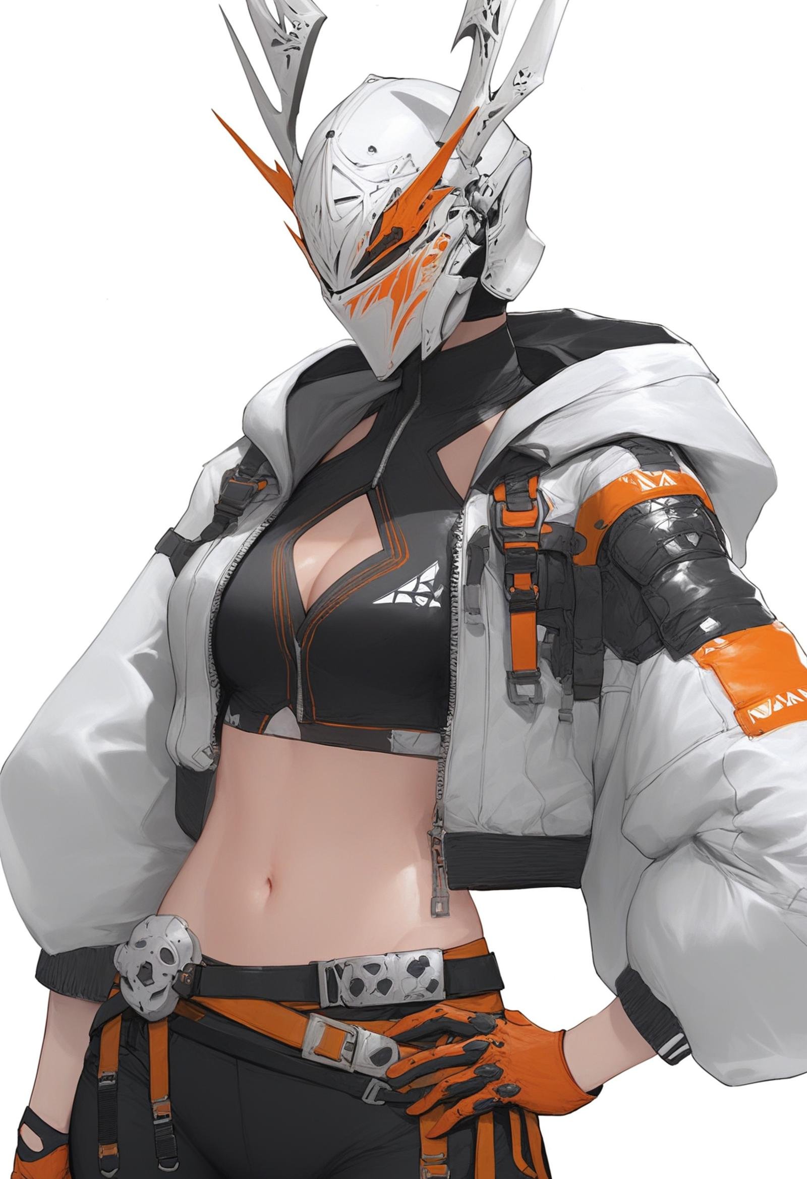 score_9, score_8_up, score_7_up, score_6_up, score_5_up, score_4_up, <lora:ArmorSentinelV2:1>, arm0rs3nt1n3l,spikes, 1girl, solo, breasts, simple background, shirt, long sleeves, white background, gloves, navel, cleavage, medium breasts, standing, jacket, cowboy shot, open clothes, horns, pants, belt, midriff, hood, stomach, open jacket, crop top, black shirt, hand on own hip, clothing cutout, mask, black pants, white jacket, hood down, cleavage cutout, helmet, hooded jacket, zipper, orange gloves, helm