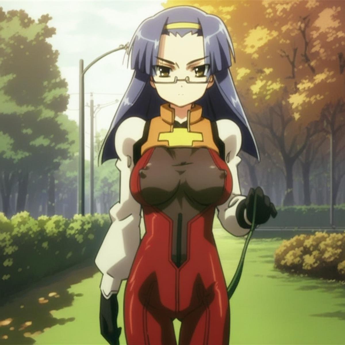 score_9, score_8_up, score7_up, source_anime, anime screenshot, highly detailed, hd ultra detail, 1girl, solo, cowboy shot, looking at viewer, complex background,  Arrester_Blanket, brown eyes, blue hair, long hair, semi-rimmless eyewear, glasses, forehead, large breasts, yellow hairband, bodysuit, black gloves, cable tail, covered nipples, thigh gap, outside, park, complex background, plants, trees