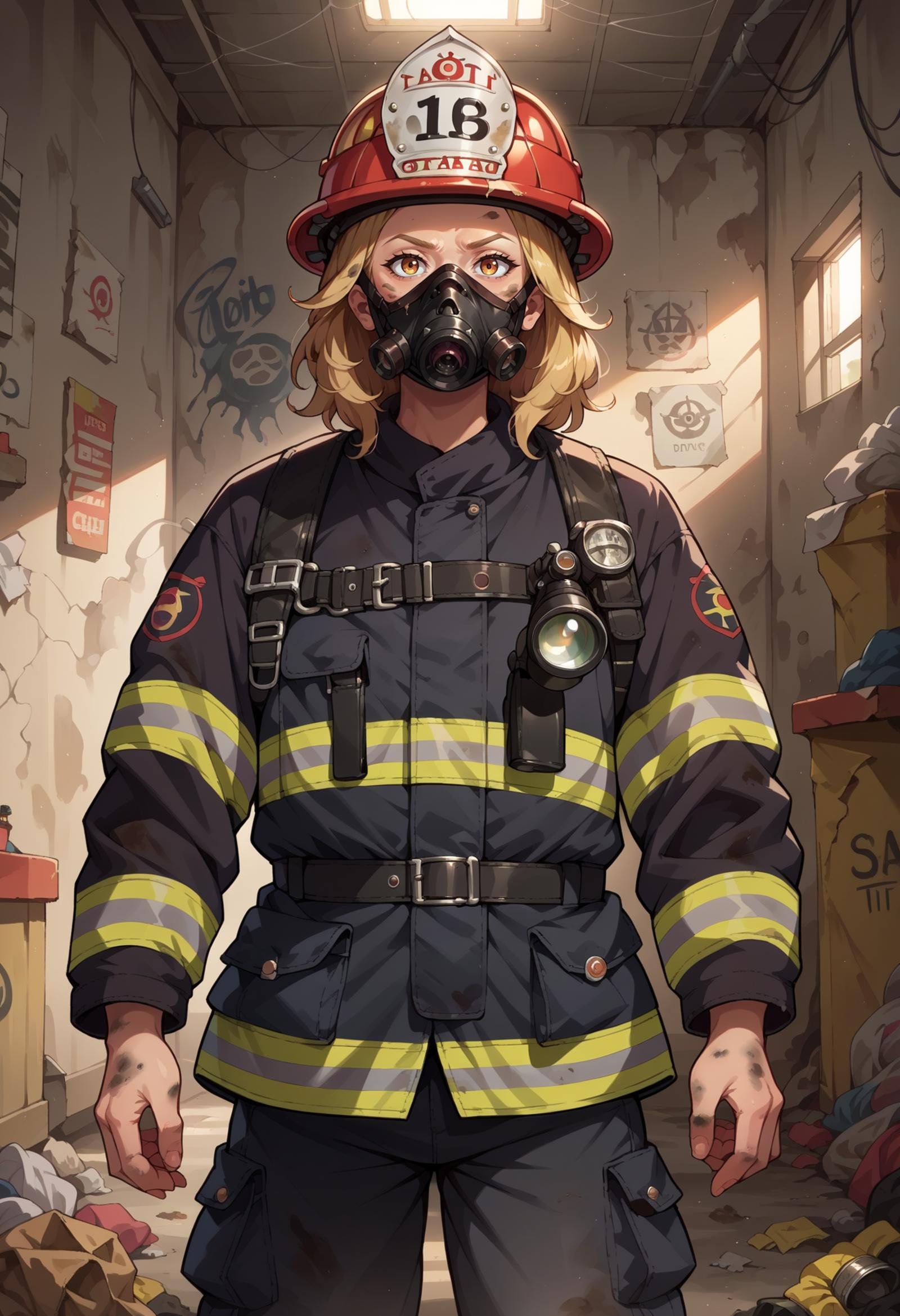 score_9, score_8_up, score_7_up, score_6_up, score_5_up, score_4_up, source_anime, 1girl, solo, looking at viewer, medium hair, blonde hair, mask, gas mask, wearing gas mask, detailed background, cowboy shot, EPFireFighter, <lora:EPFireFighterPony_epoch_10:1.0>, wearing EPFireFighter, jacket, black jacket, pants, black pants, harness, helmet, red headwear, indoors, dark, basement, dirty, graffiti, spider web, trash, smoke, dim lighting, 