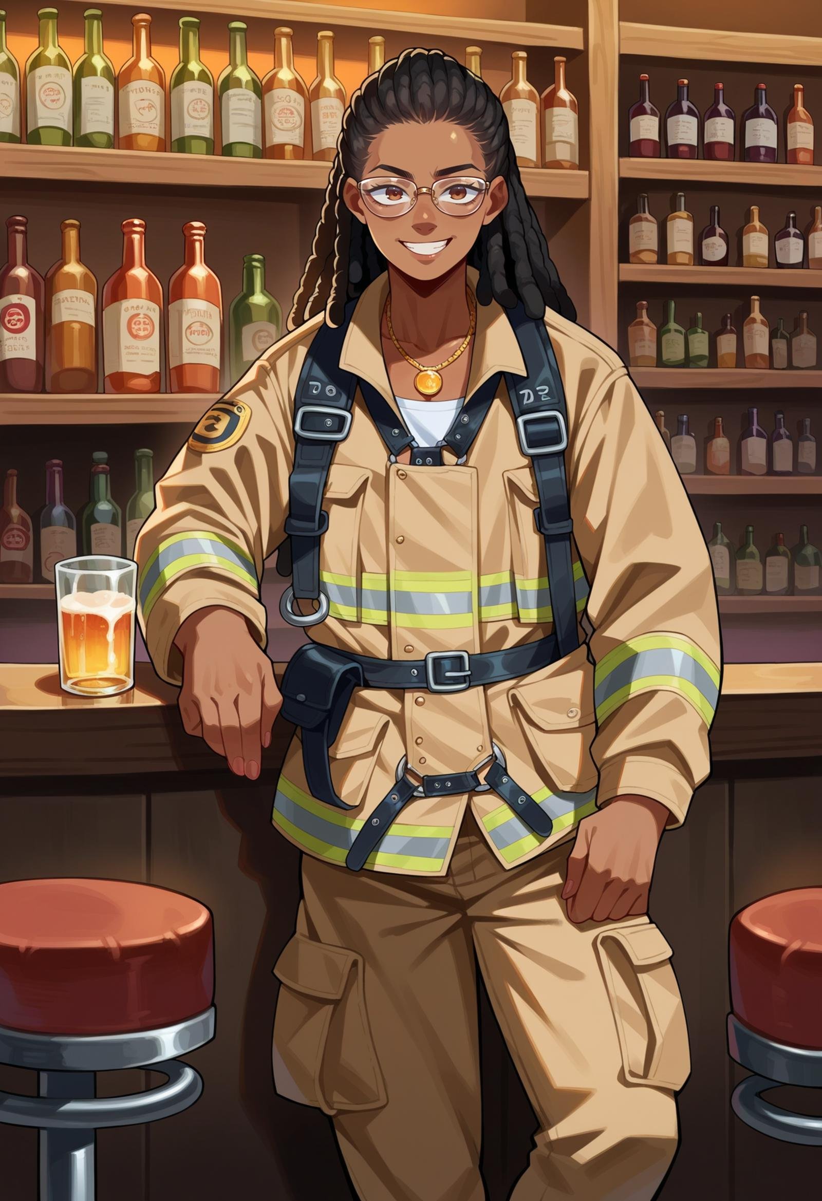 score_9, score_8_up,score_7_up, source_anime, 1girl,long hair, dreadlocks, black hair, dark skin, dark-skinned female, very dark skin, necklace, golden necklace, EPFireFighter, <lora:EPFireFighterPony:1.0>, wearing EPFireFighter, jacket, brown jacket, pants, brown pants, helmet, no headwear, harness, smiling, seductive smile, bar, bar stool, leaning to the side, leaning, drink, bottle, glasses, 